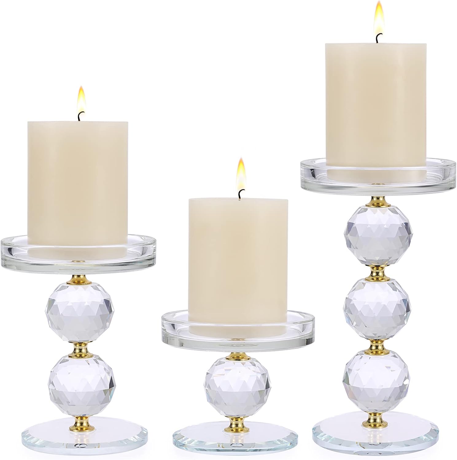OwnMy Set of 3 Crystal Glass Pillar Candlestick Holders Clear Pillar Candle Holders Sets, Tealight Votive Candle Stands Modern Candle Centerpiece for Living Room Wedding Decor