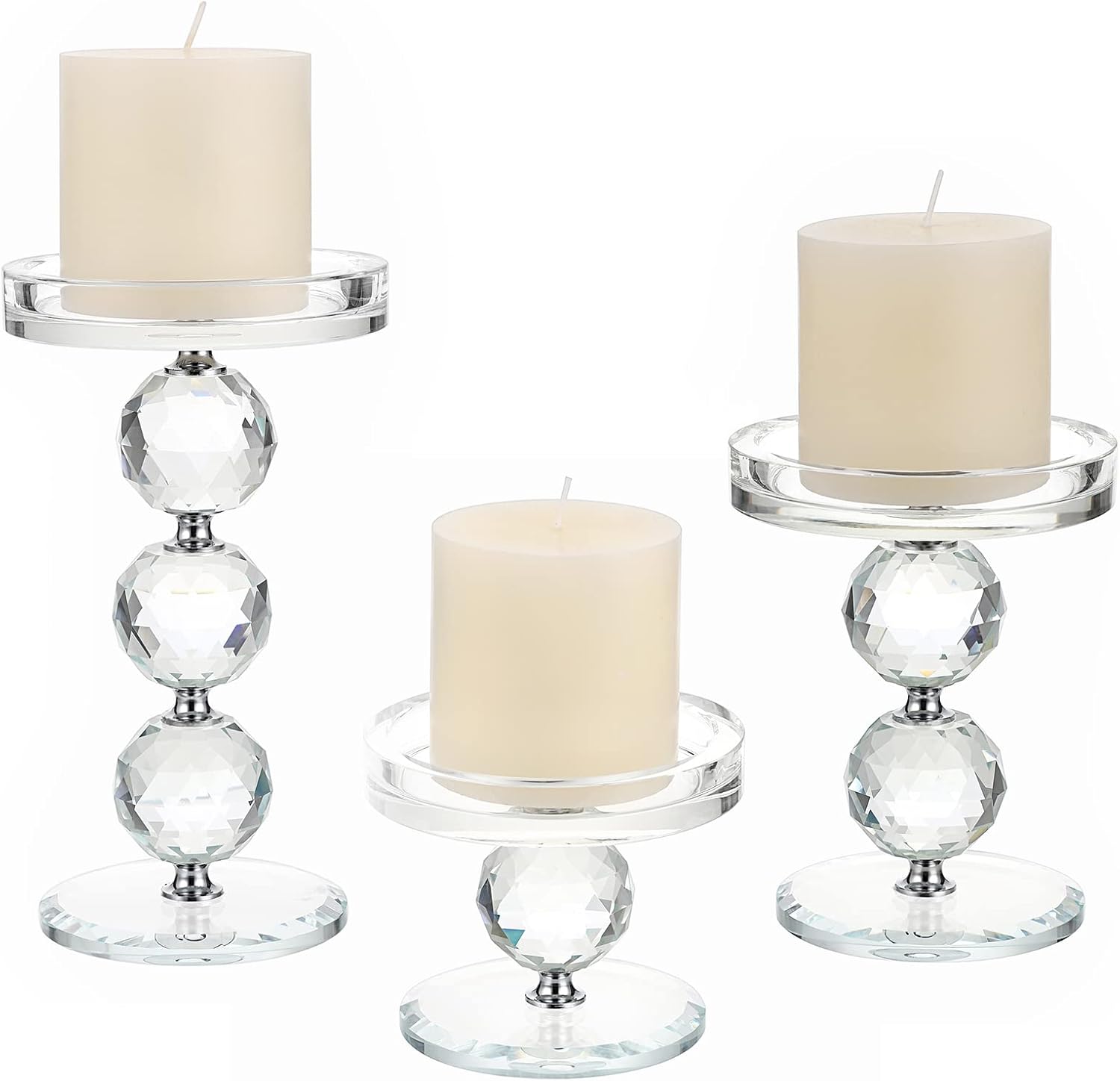 OwnMy Set of 3 Crystal Glass Pillar Candlestick Holders Clear Pillar Candle Holders Sets, Tealight Votive Candle Stands Modern Candle Centerpiece for Living Room Wedding Decor