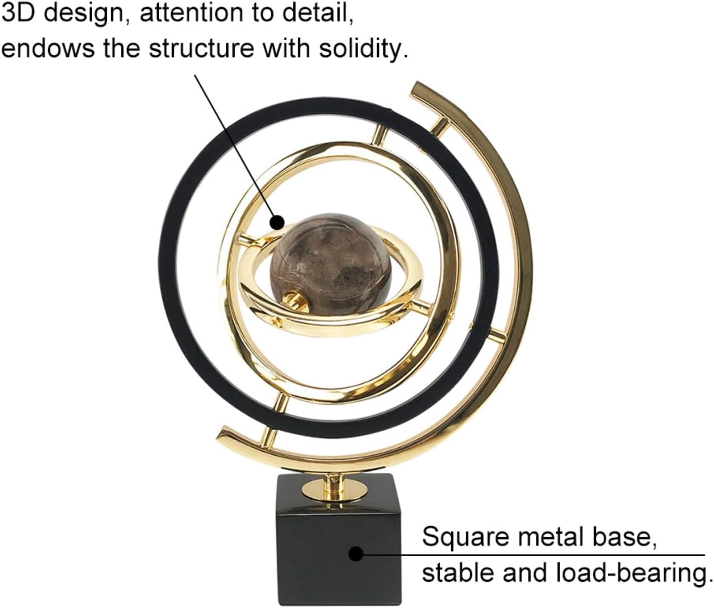 Homary Modern Abstract Art Decoration Metal Globe Ornament Sculpture Decor with Rectangle Stand Black & Gold