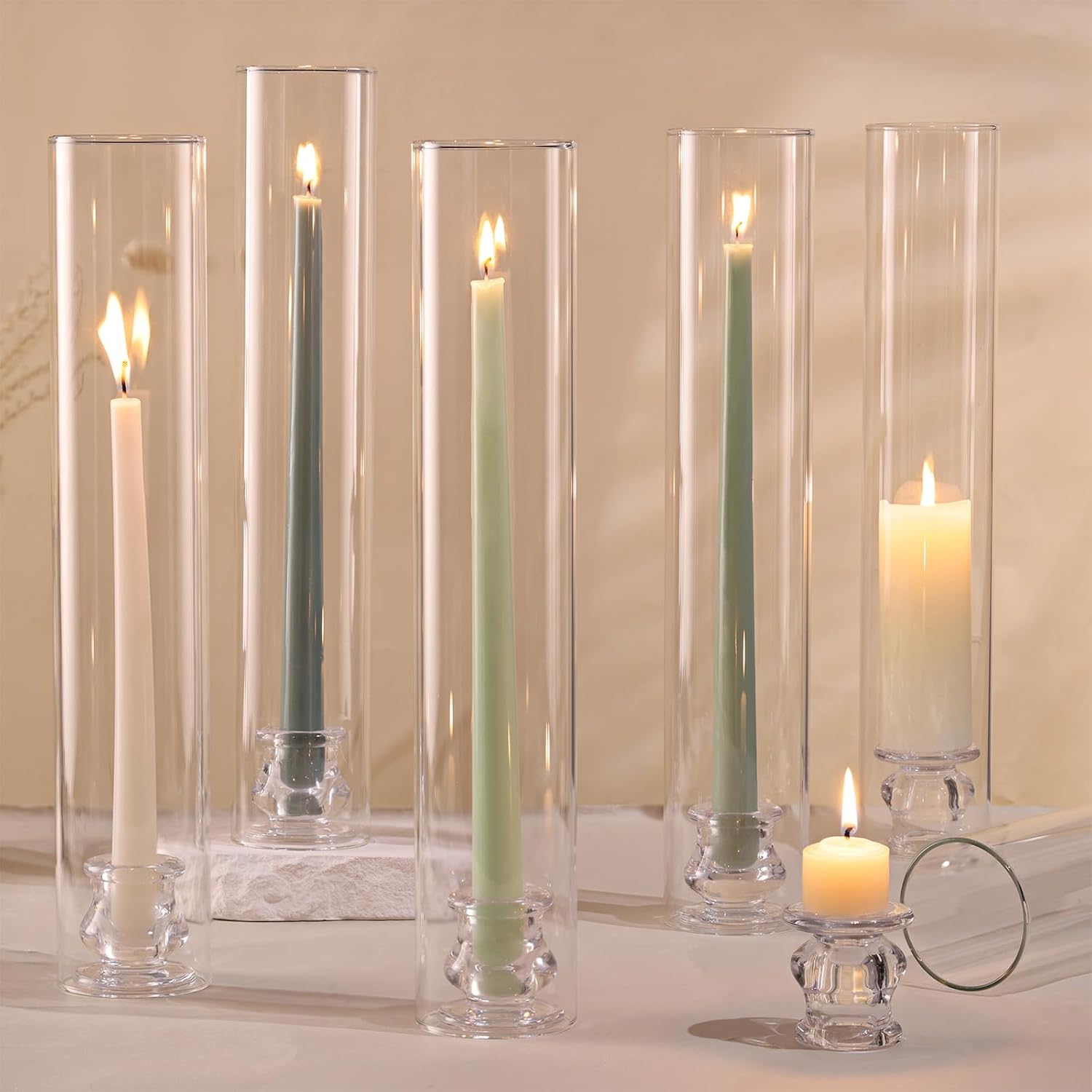 Volens Hurricane Glass Candle Holders - Set of 6 Candlestick Holders for Taper Candles with Windproof Cylinder Covers 14" Tall Clear Glass Chimney Cover for Wedding Table Centerpiece Home Decor