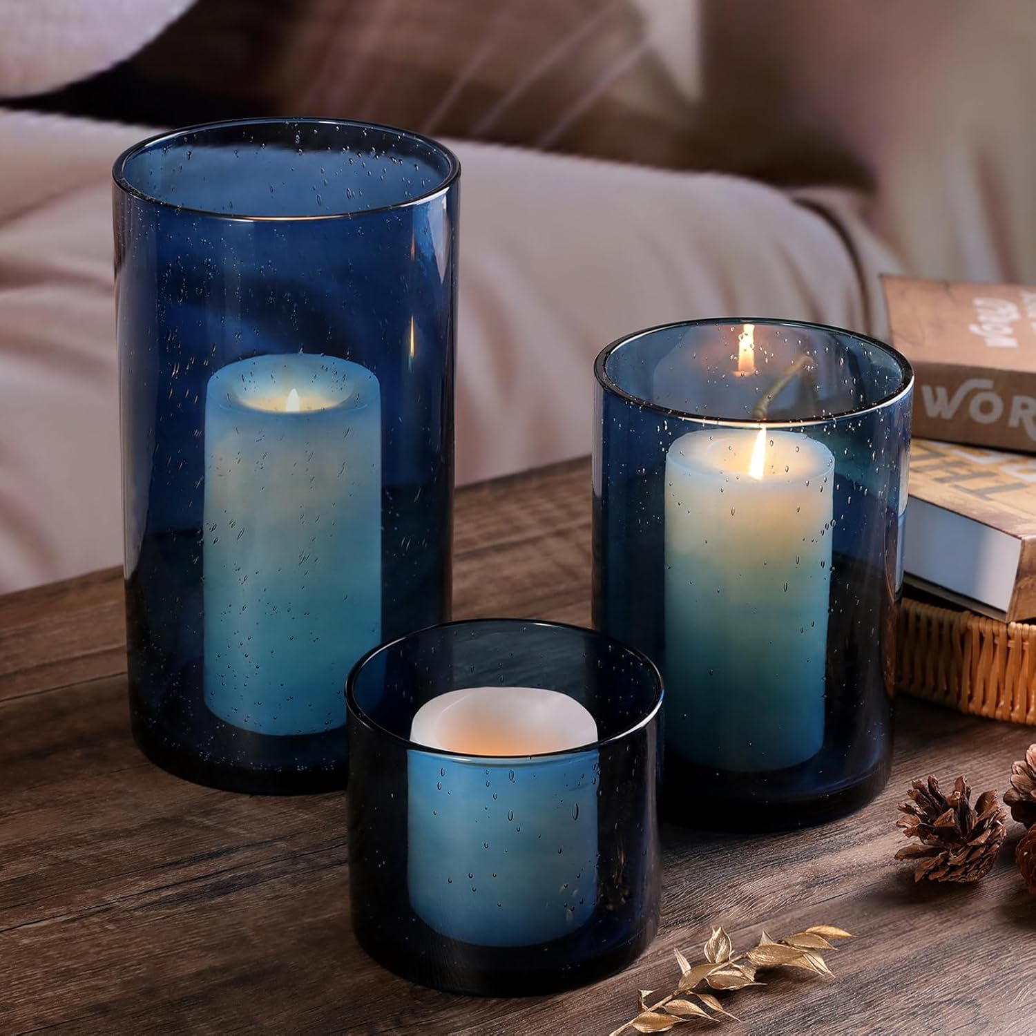 NITIME Hurricane Candle Holder Set of 3 Clear Candle Holders for Pillar Candles, Seeded Bubbles Glass Candle Holder for table centerpiece, Glass Cylinder Vases for Home, Patio and Wedding 8"4.7"3.5"H