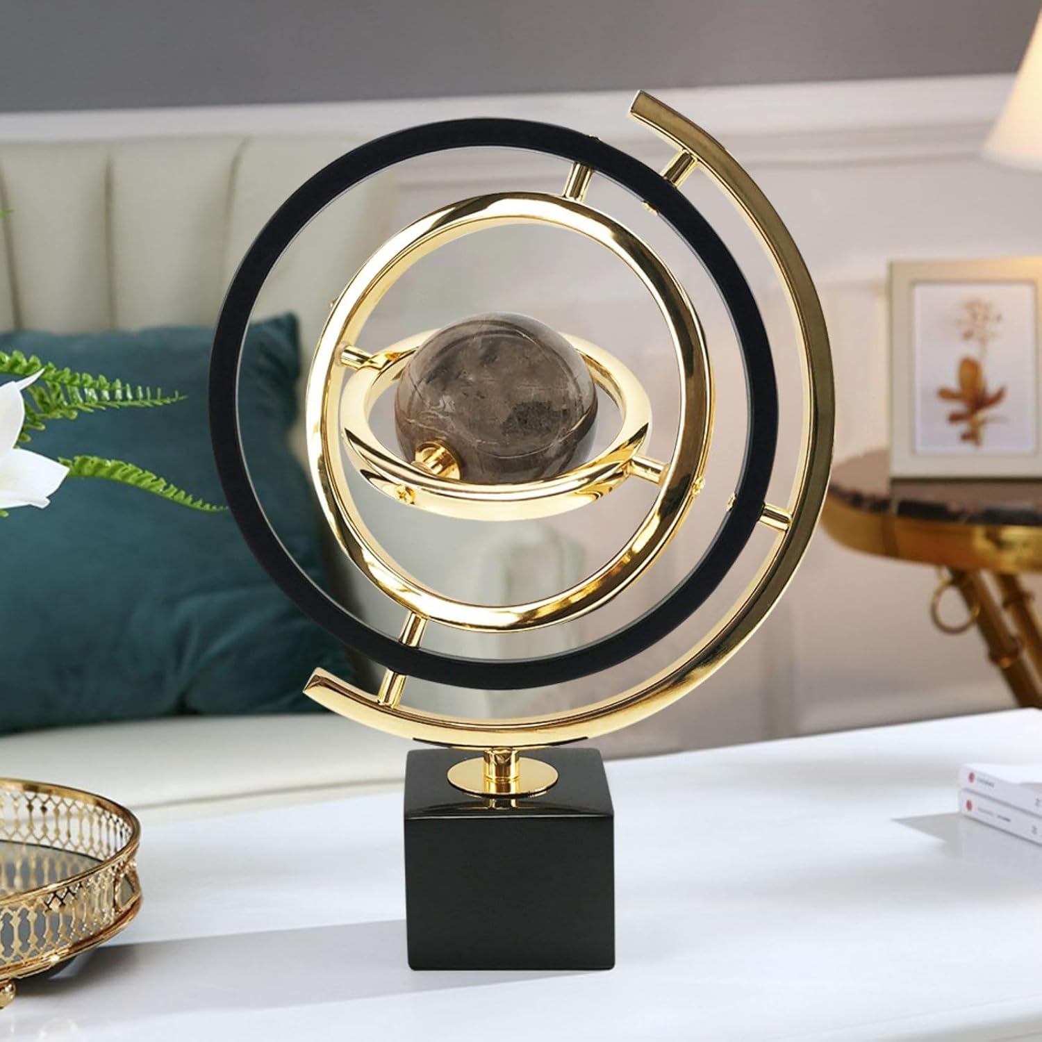 Homary Modern Abstract Art Decoration Metal Globe Ornament Sculpture Decor with Rectangle Stand Black & Gold