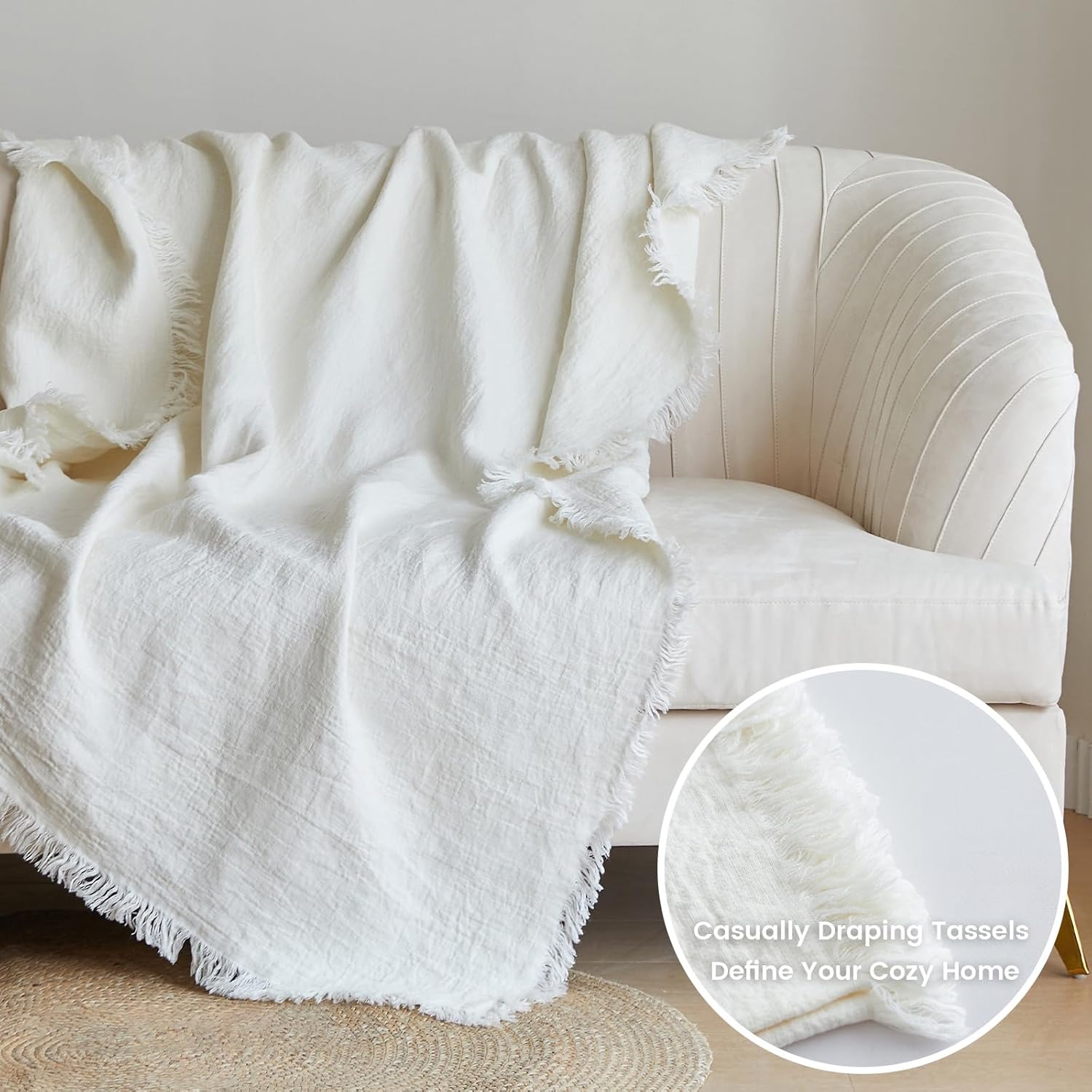 Simple&Opulence 100% Linen Throw Blanket 55x75 inches, Farmhouse Boho Tassel Blanket for Couch, Bed, Sofa, Breathable Natural Cozy Décor, White ﻿
