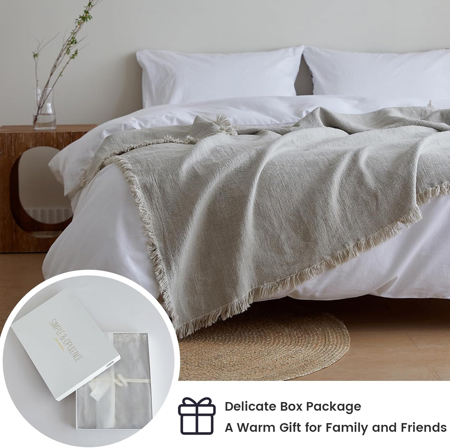 Simple&Opulence 100% Linen Throw Blanket 55x75 inches, Farmhouse Boho Tassel Blanket for Couch, Bed, Sofa, Breathable Natural Cozy Décor, Linen