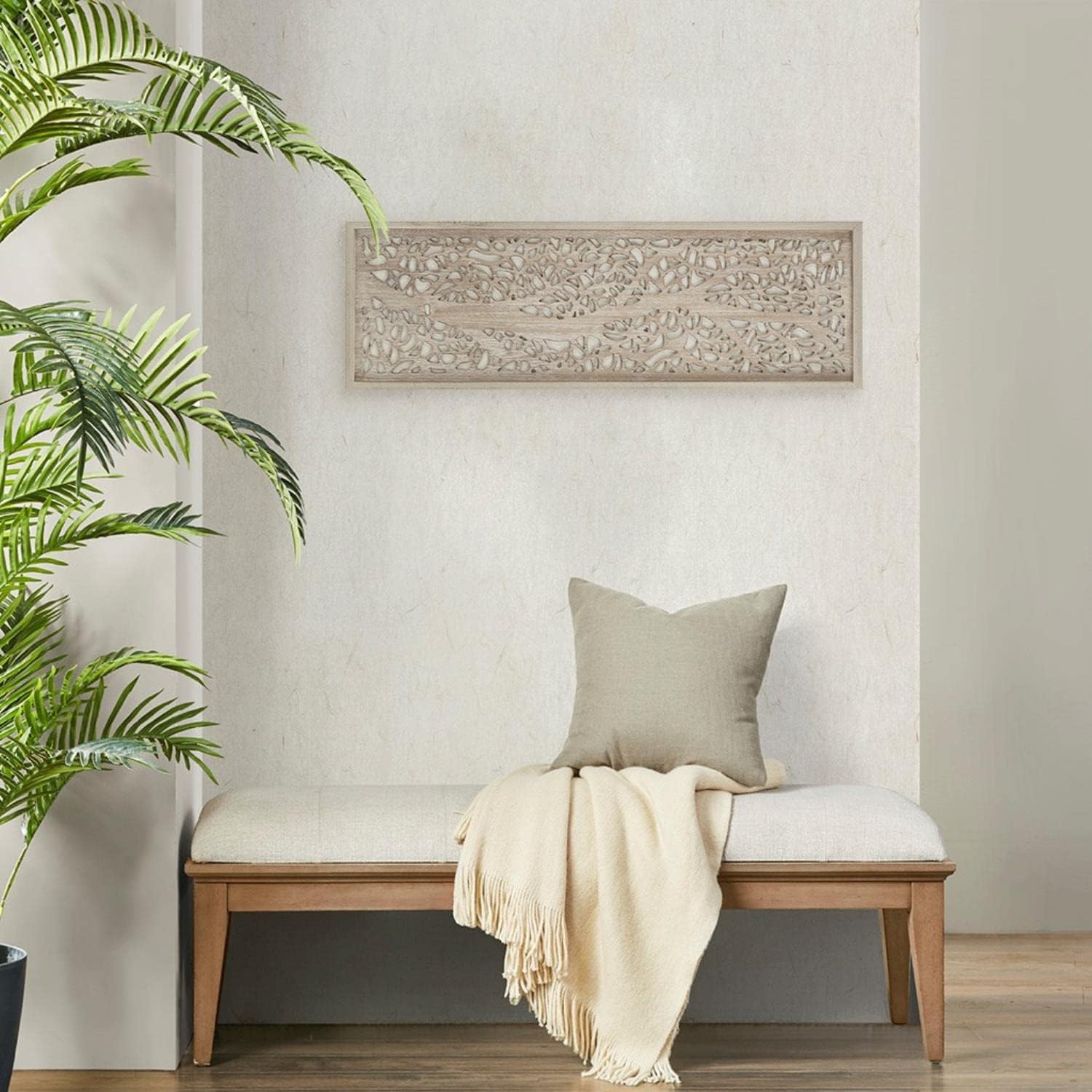 Madison Park Laurel Wall Art - Laser Cut Carved Botanical Tree Branches, Genuine Fir Wooden Framed, Rustic Finish - Modern Farmhouse Décor for Living Room, Ready to Hang Panel, 12 x 36", Grey