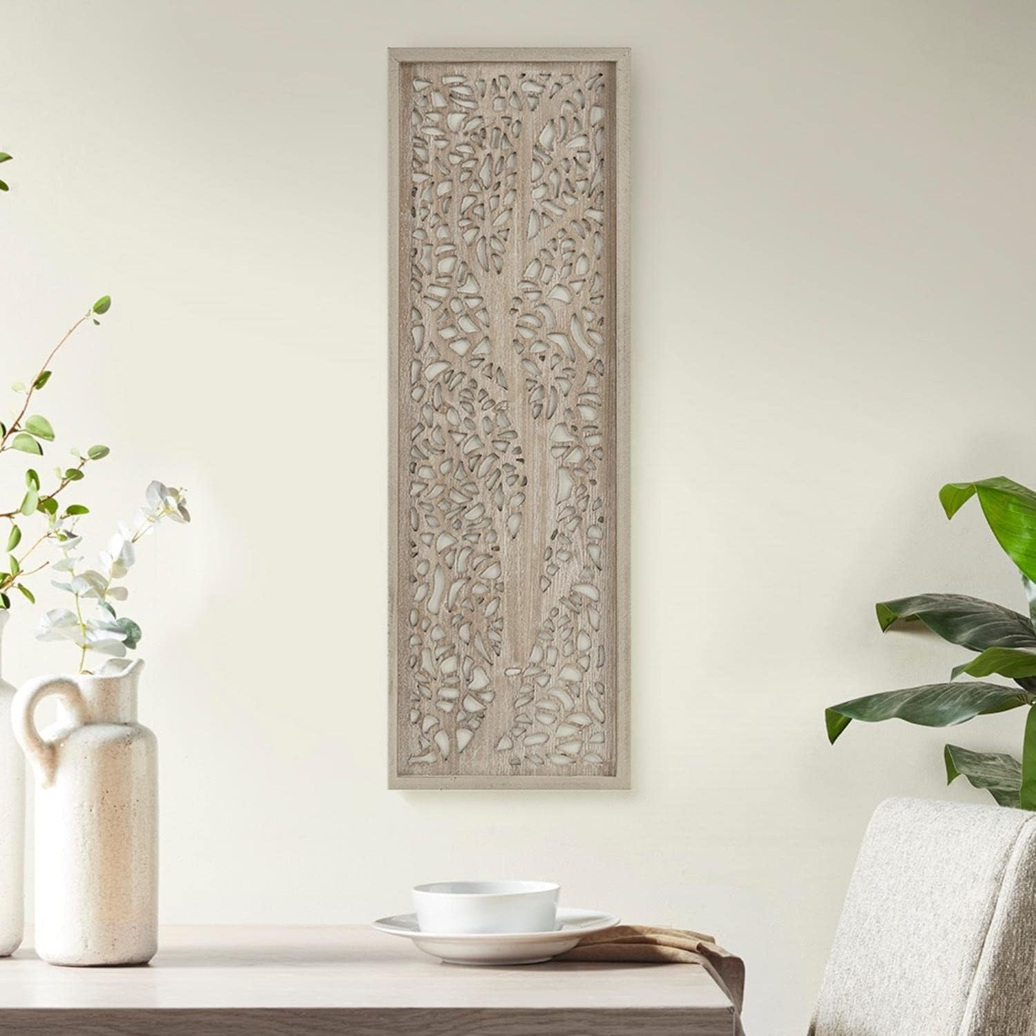 Madison Park Laurel Wall Art - Laser Cut Carved Botanical Tree Branches, Genuine Fir Wooden Framed, Rustic Finish - Modern Farmhouse Décor for Living Room, Ready to Hang Panel, 12 x 36", Grey