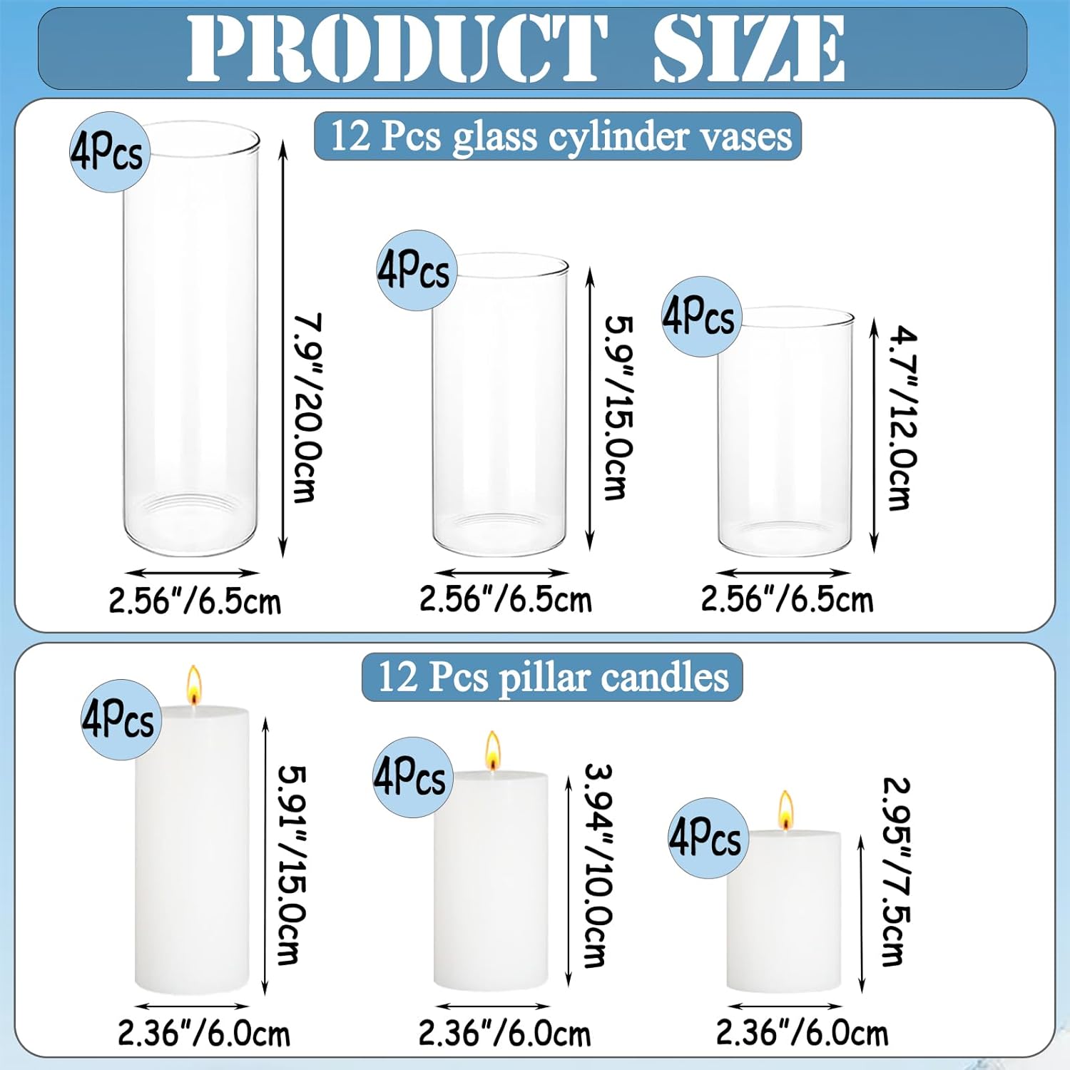 FFUW 24 Pcs White Pillar Candles with Glass Candle Holder Hurricane Glass Candle Holders Clear Cylinder Vases for Centerpieces Wedding Office Party Home Table Decor