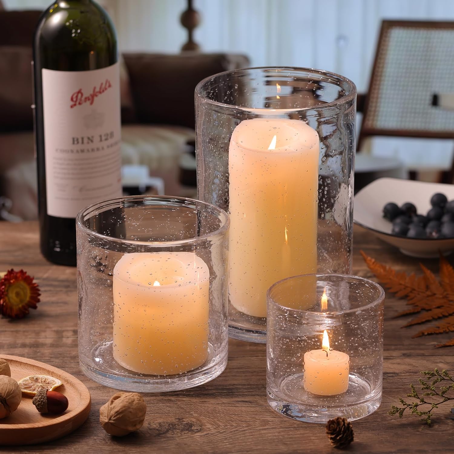 NITIME Hurricane Candle Holder Set of 3 Clear Candle Holders for Pillar Candles, Seeded Bubbles Glass Candle Holder for table centerpiece, Glass Cylinder Vases for Home, Patio and Wedding 8"4.7"3.5"H