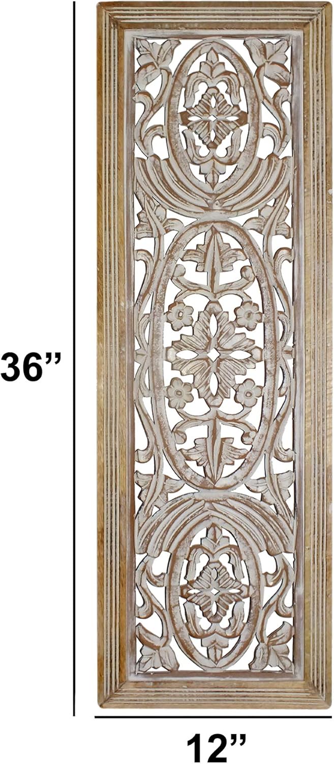 Benzara BM01908 Rectangular Mango Wood Wall Panel Hand Crafted with Intricate Carving, White and Brown