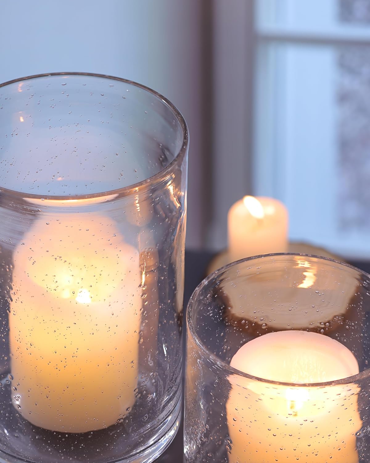 NITIME Hurricane Candle Holder Set of 3 Clear Candle Holders for Pillar Candles, Seeded Bubbles Glass Candle Holder for table centerpiece, Glass Cylinder Vases for Home, Patio and Wedding 8"4.7"3.5"H