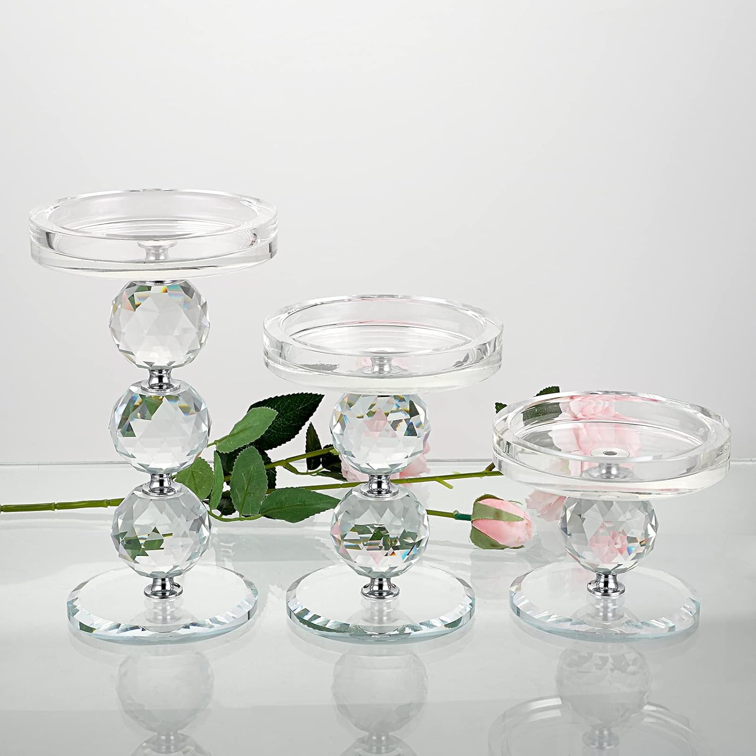 OwnMy Set of 3 Crystal Glass Pillar Candlestick Holders Clear Pillar Candle Holders Sets, Tealight Votive Candle Stands Modern Candle Centerpiece for Living Room Wedding Decor