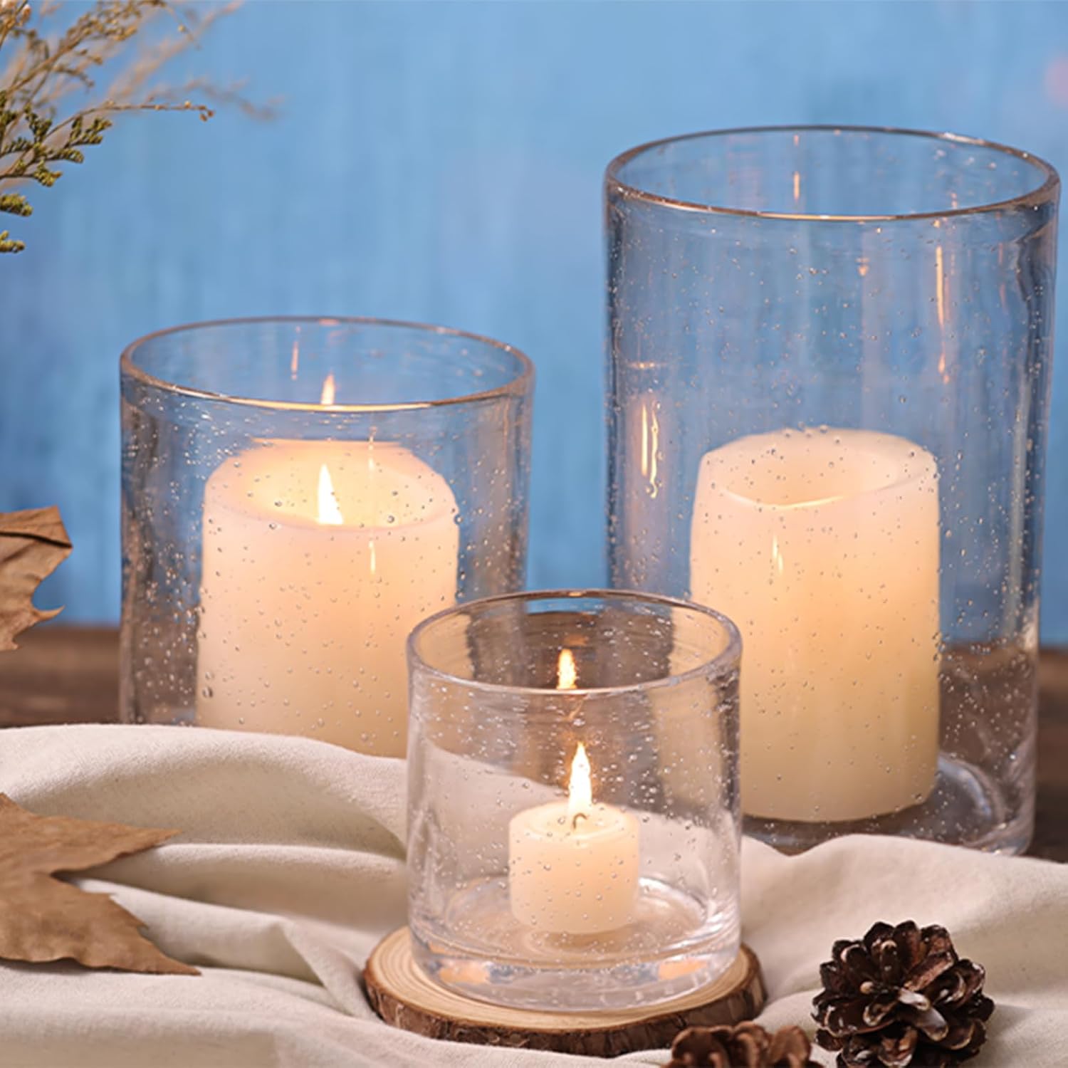 NITIME Hurricane Candle Holder Set of 3 Clear Candle Holders for Pillar Candles, Seeded Bubbles Glass Candle Holder for table centerpiece, Glass Cylinder Vases for Home, Patio and Wedding 8"4.7"3.5"H