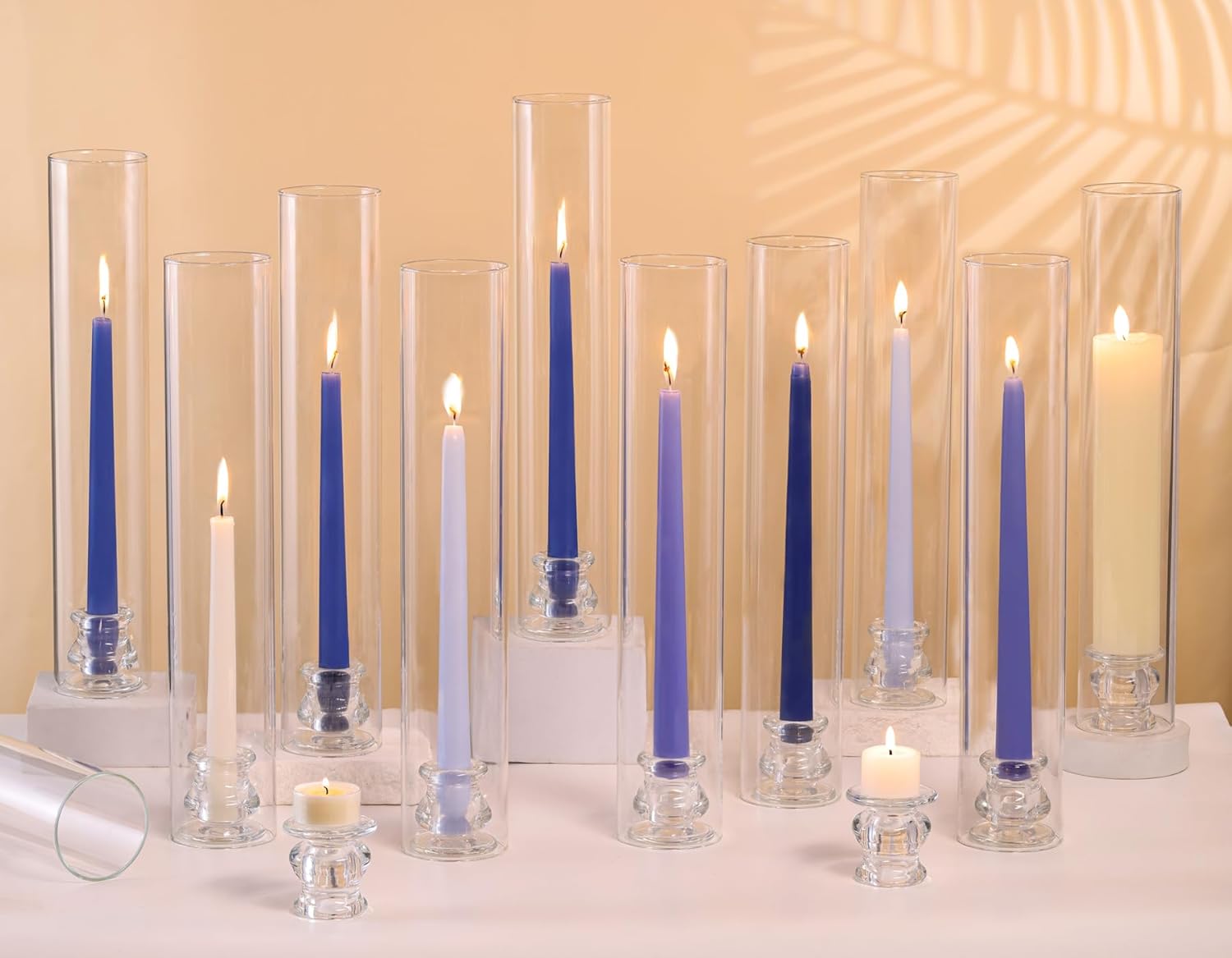 Volens Hurricane Glass Candle Holders - Set of 6 Candlestick Holders for Taper Candles with Windproof Cylinder Covers 14" Tall Clear Glass Chimney Cover for Wedding Table Centerpiece Home Decor