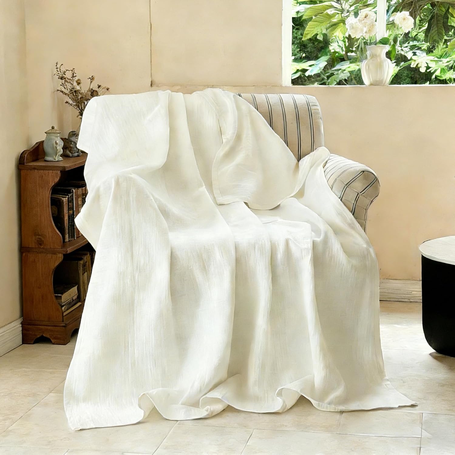 Simple&Opulence Linen Cotton Blanket with Double Layered Folded Edge for Couch/Bed/Sofa/Gift, Natural Flax Solid Color Soft Breathable Cozy Farmhouse Home Décor - Linen, 104"x90"