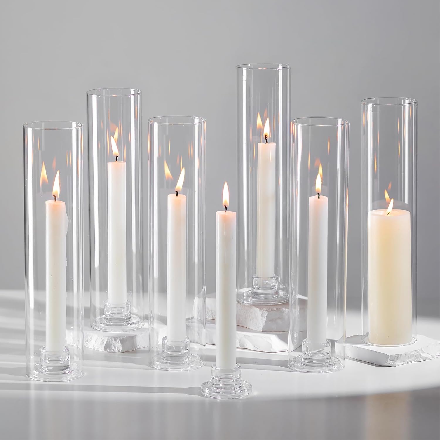 Hewory Hurricane Glass Candlestick Holders : 6 Pcs Clear Taper Candle Holders for Candlesticks - Hurricane Glass Candle Stick Candle Holders Bulk for Table Centerpiece Wedding Christmas Home Decor