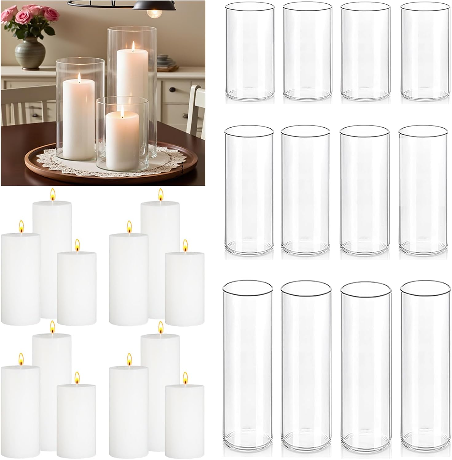 FFUW 24 Pcs White Pillar Candles with Glass Candle Holder Hurricane Glass Candle Holders Clear Cylinder Vases for Centerpieces Wedding Office Party Home Table Decor