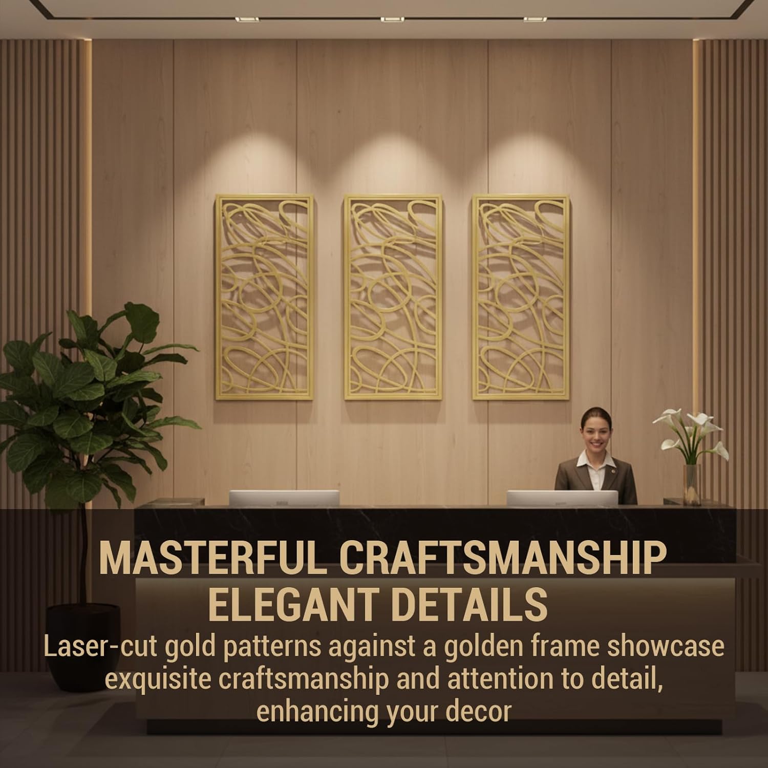 MyGift 44 x 22 Large Gold Metal Minimalist Abstract Laser Cut Design Wall Art, Suitable for Hotel Living Room Office Accent Home Decor, Ready to Hang Panel