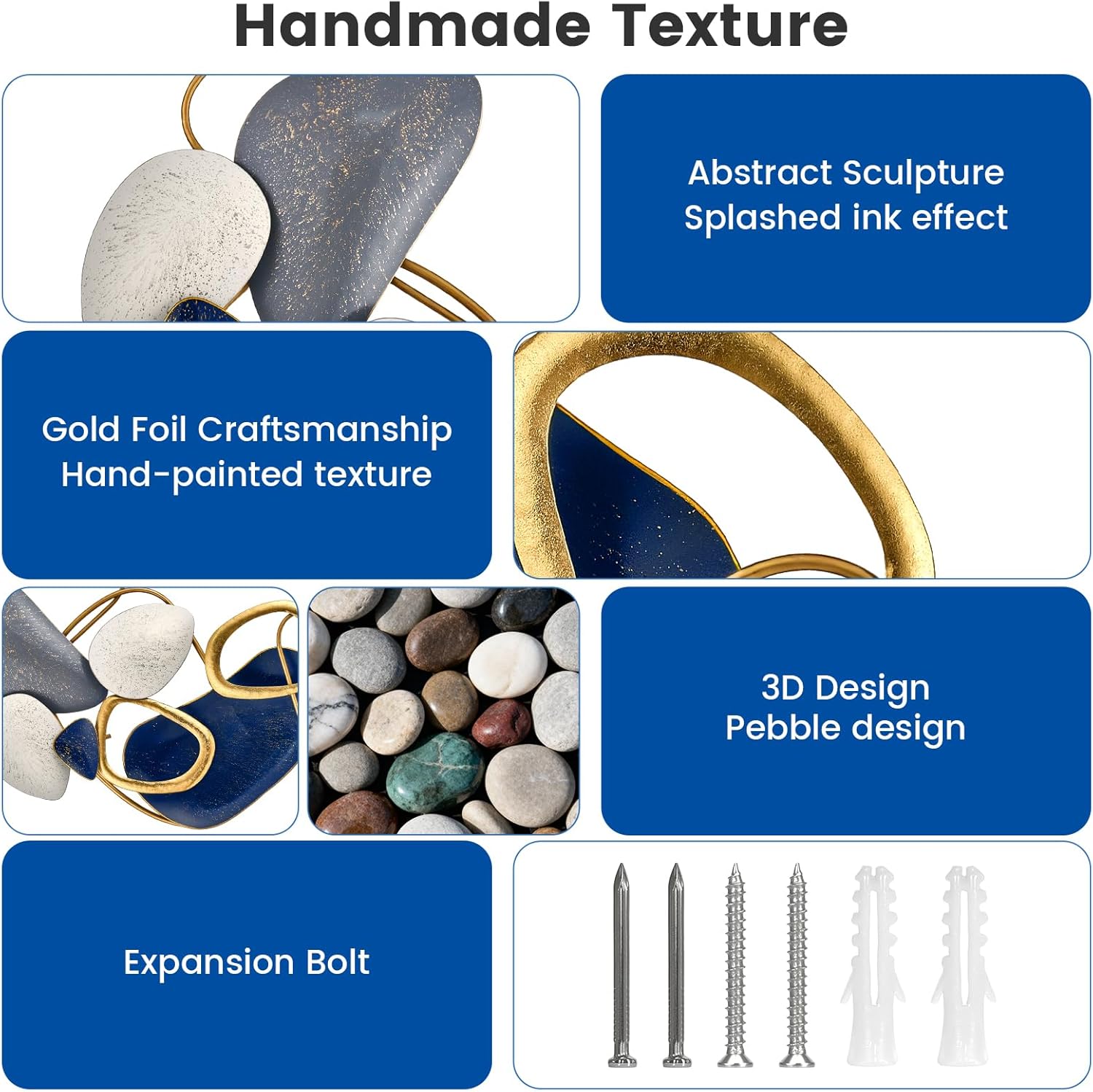 SHERBECK 3D Metal Wall Decor Pebble Wall Sculptures Hanging Ornament Modern Abstract for Bedroom Living Room Sofa Background Home Office Bathroom Kitchen