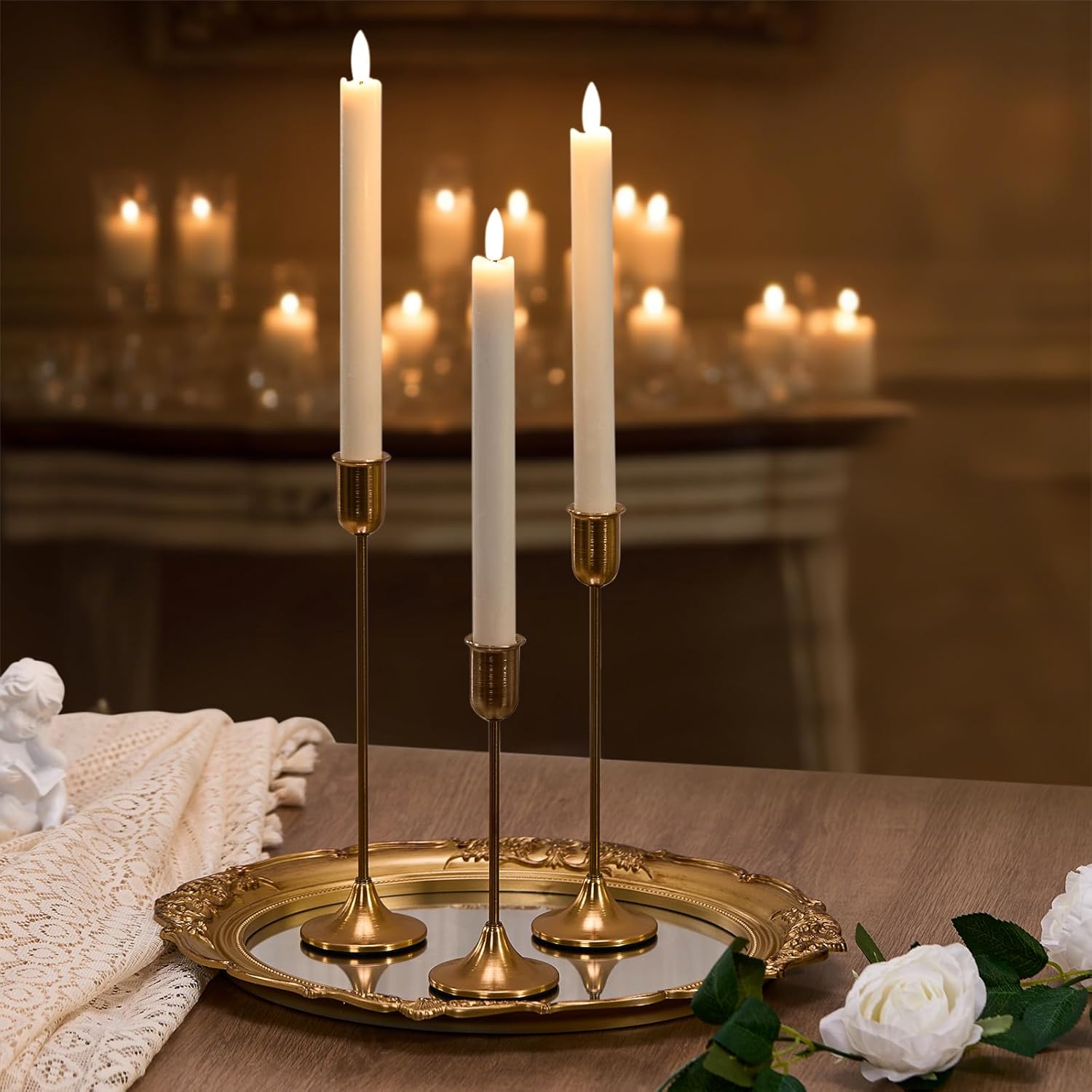 Gold Hurricane Candle Holders Set of 6, Tall Metal Windproof Glass Taper Candle Holder for Candlestick, Candle Sticks Decor, Table Centerpieces for Wedding, Candlelit Dinner Party Fireplace Decoration