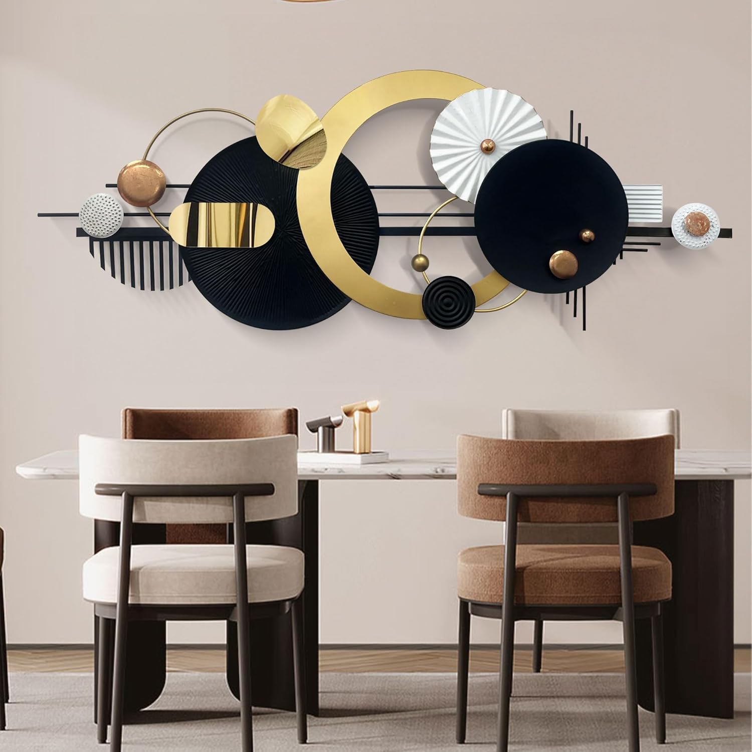 Large Modern Abstract Metal Wall Art, Black and Gold Geometric Circles Wall Decoration, Contemporary Home Decor,59 × 24 inches Wall Art for Living Room/Dinning Room/Bedroom/Entryway/Kitchen/Office