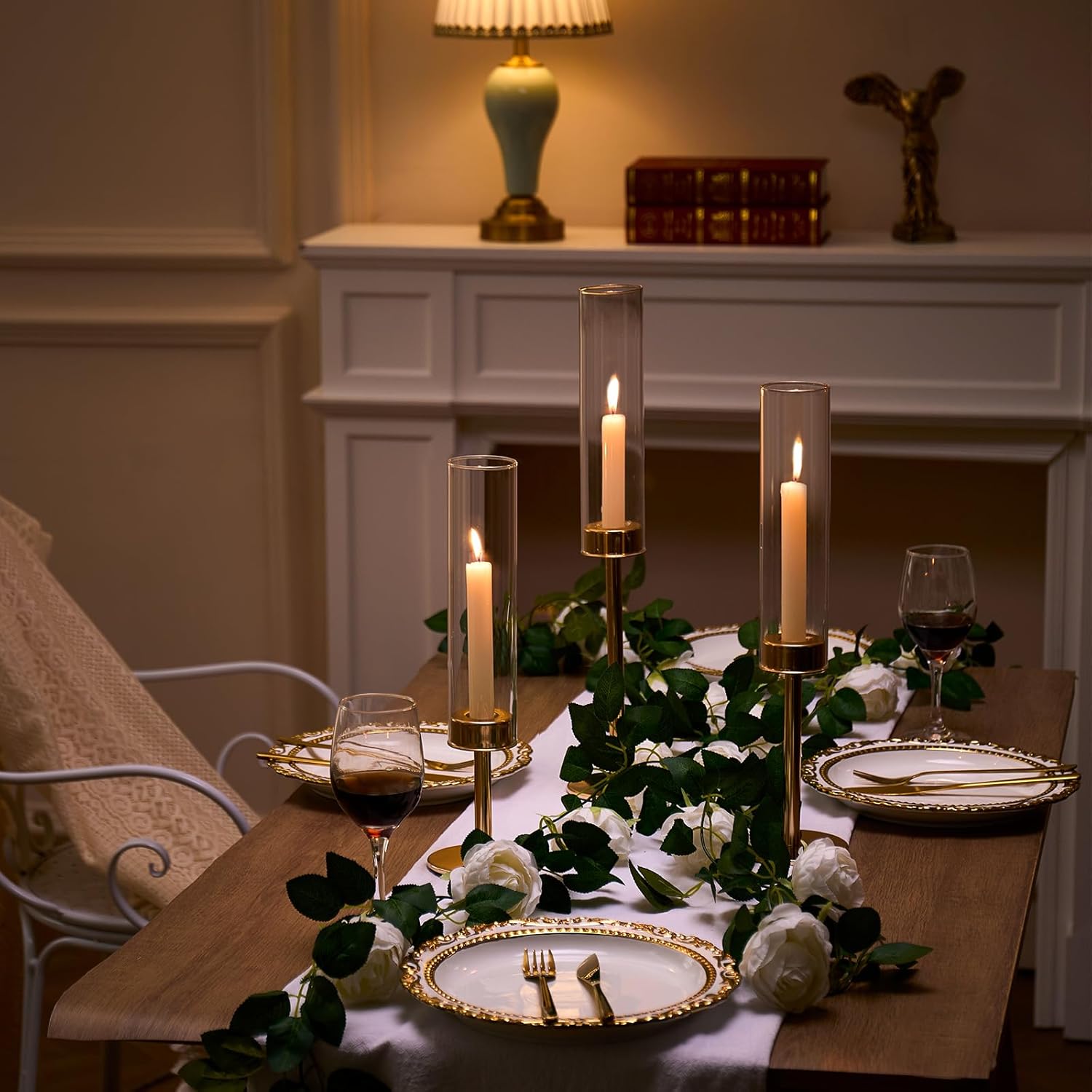 Gold Hurricane Candle Holders Set of 6, Tall Metal Windproof Glass Taper Candle Holder for Candlestick, Candle Sticks Decor, Table Centerpieces for Wedding, Candlelit Dinner Party Fireplace Decoration