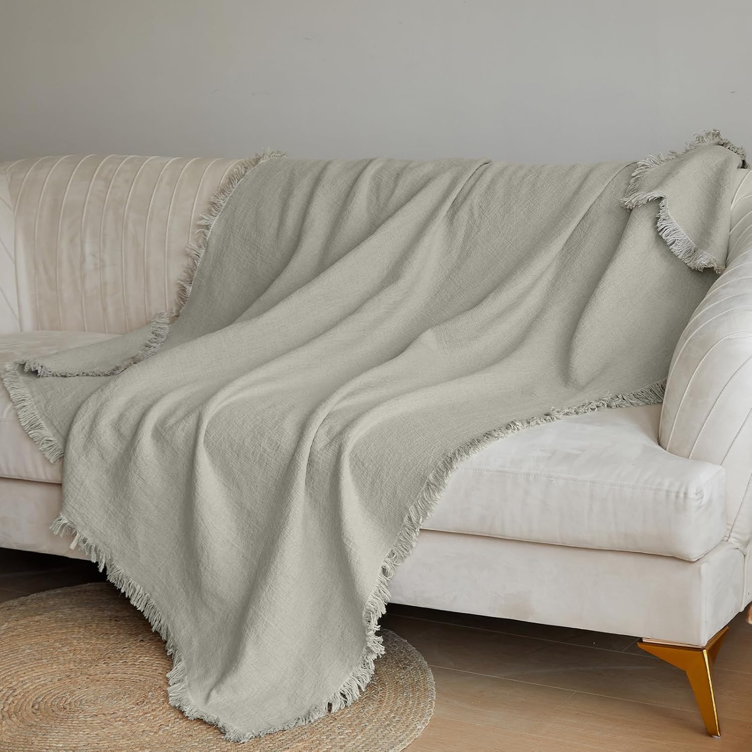 Simple&Opulence 100% Linen Throw Blanket 55x75 inches, Farmhouse Boho Tassel Blanket for Couch, Bed, Sofa, Breathable Natural Cozy Décor, White ﻿