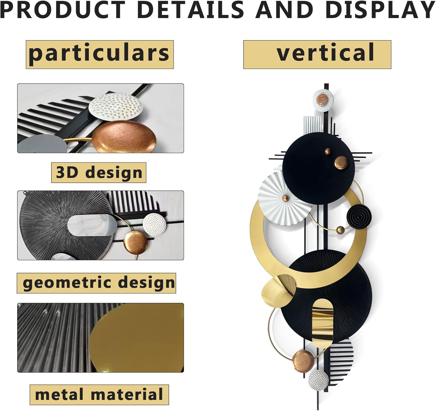 Large Modern Abstract Metal Wall Art, Black and Gold Geometric Circles Wall Decoration, Contemporary Home Decor,59 × 24 inches Wall Art for Living Room/Dinning Room/Bedroom/Entryway/Kitchen/Office