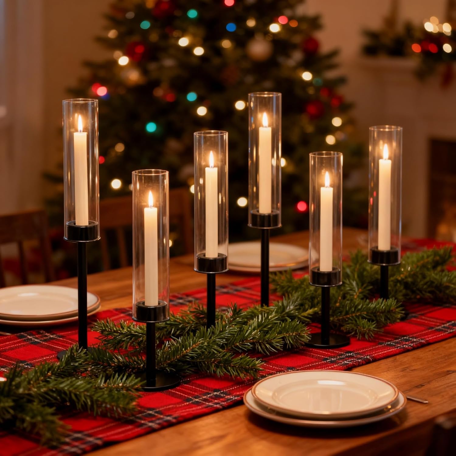 Gold Hurricane Candle Holders Set of 6, Tall Metal Windproof Glass Taper Candle Holder for Candlestick, Candle Sticks Decor, Table Centerpieces for Wedding, Candlelit Dinner Party Fireplace Decoration