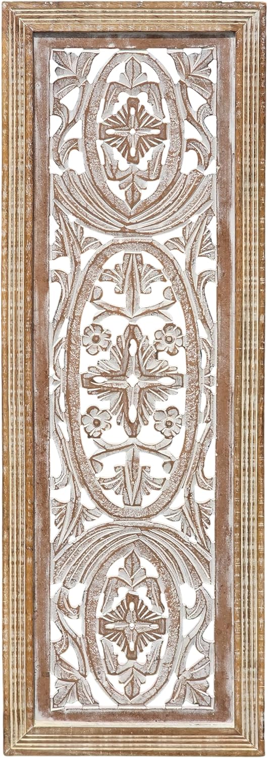 Benzara BM01908 Rectangular Mango Wood Wall Panel Hand Crafted with Intricate Carving, White and Brown