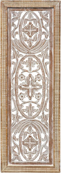 Benzara BM01908 Rectangular Mango Wood Wall Panel Hand Crafted with Intricate Carving, White and Brown