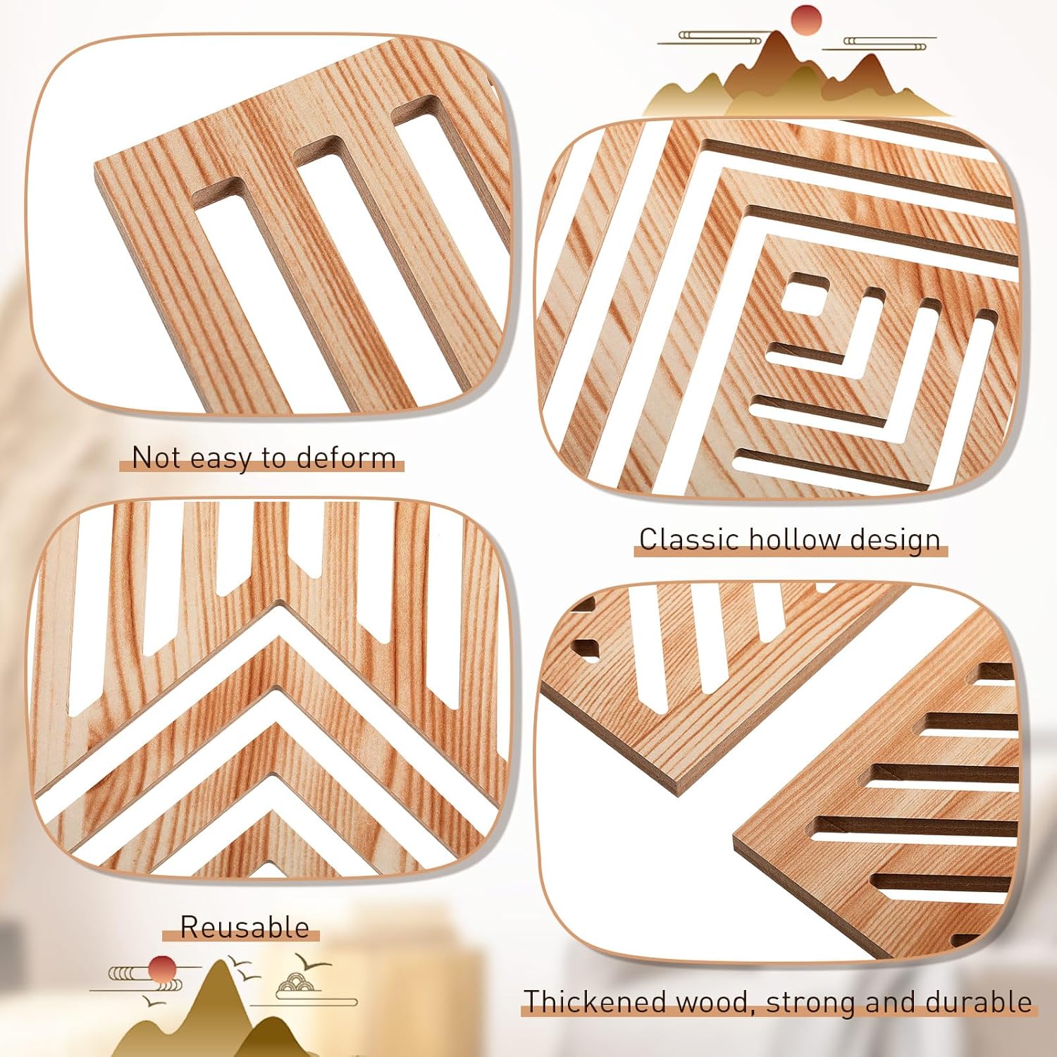 Wesiti 4 Pcs Wooden Mountain Wall Art Decor Large Abstract Wall Art for Living Room Modern Wood Panel Line Sculptures Nature Rustic Forest Hanging Decor for Office Bedroom Bathroom 15.7 x 12.2''