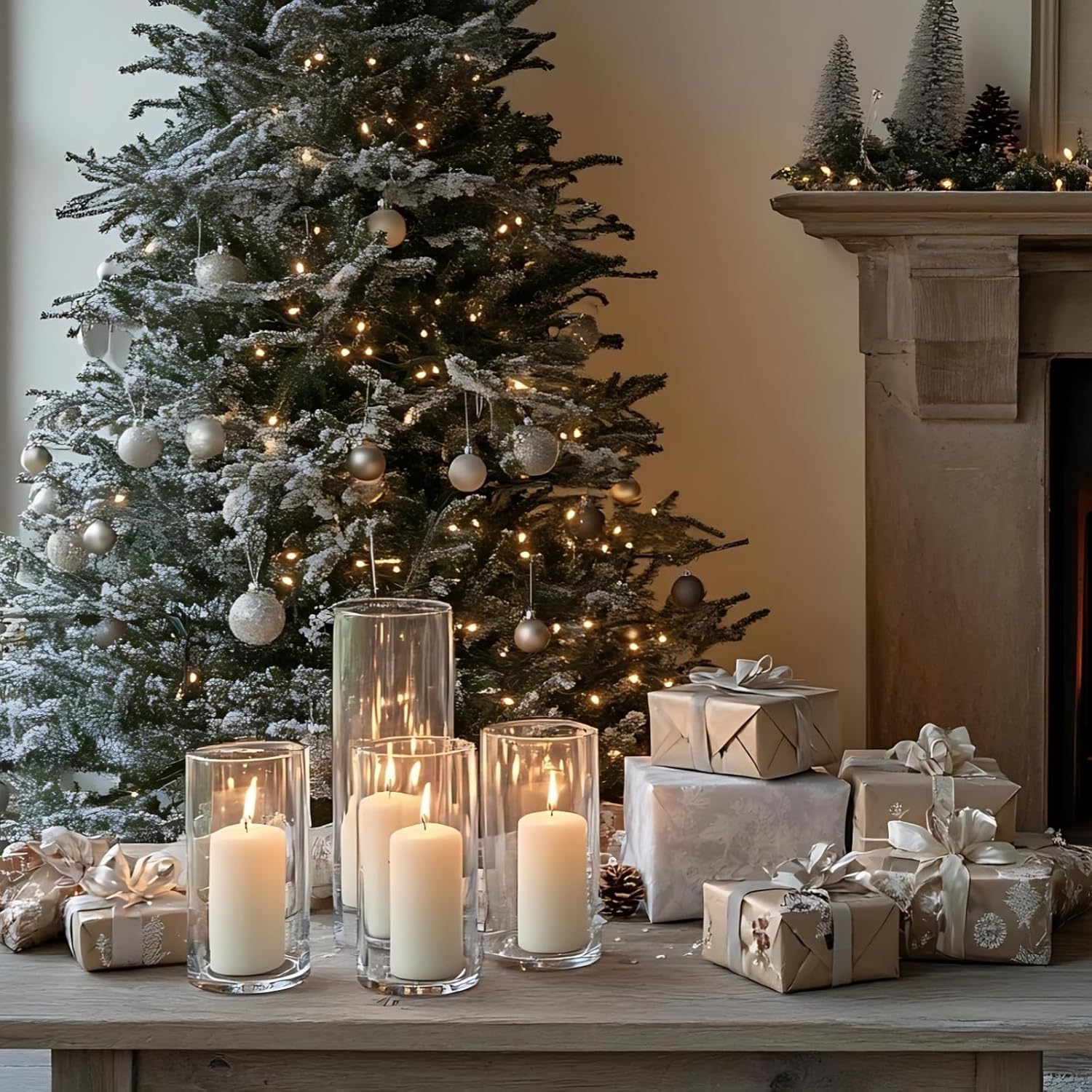 FFUW 24 Pcs White Pillar Candles with Glass Candle Holder Hurricane Glass Candle Holders Clear Cylinder Vases for Centerpieces Wedding Office Party Home Table Decor