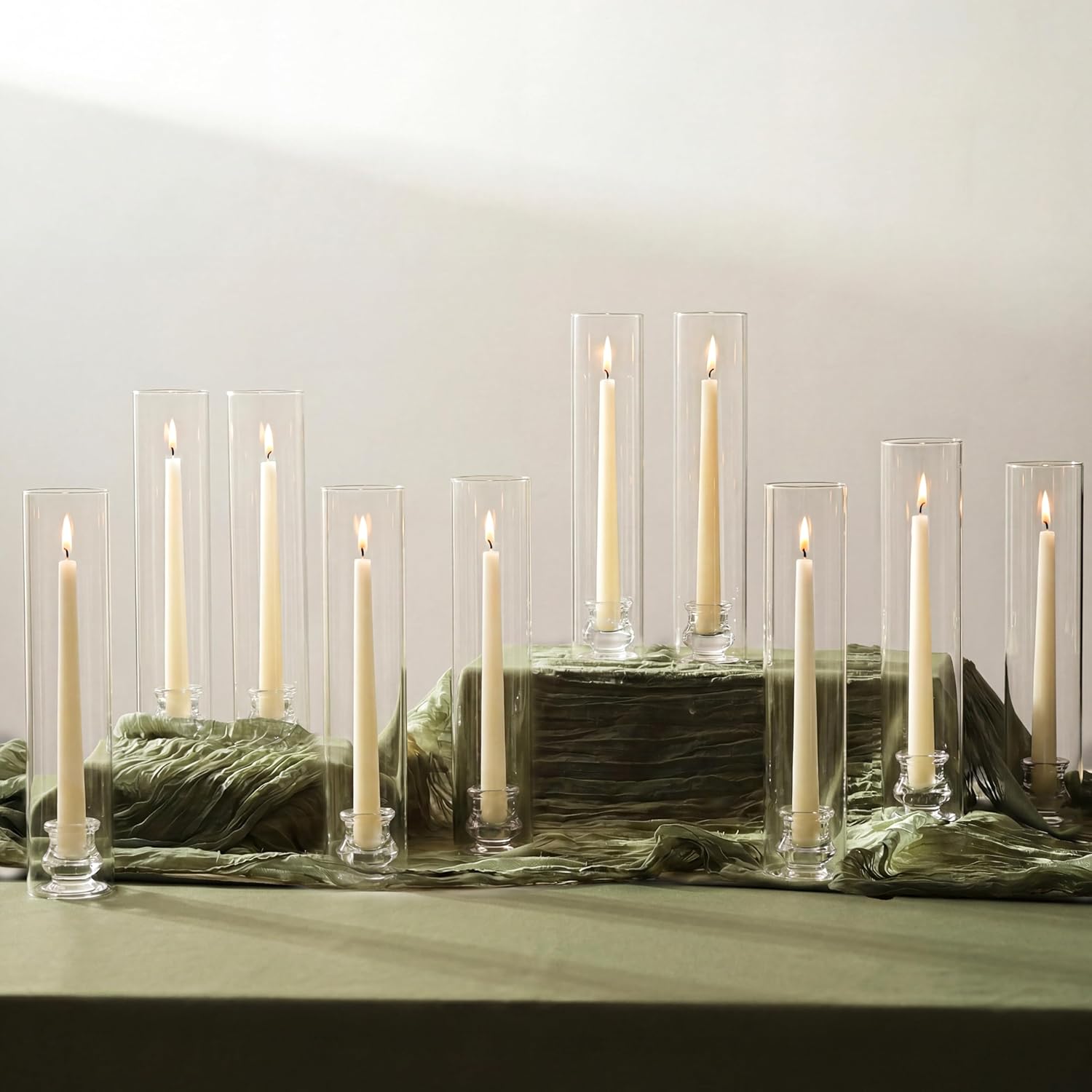 NUPTIO Candle Stick Candle Holder: Set of 6 Glass Hurricane Taper Candleholder - Bulk Candlestick Stand with Tall Cylinder Chimney for Thanksgiving Christmas Holiday Table Decoration