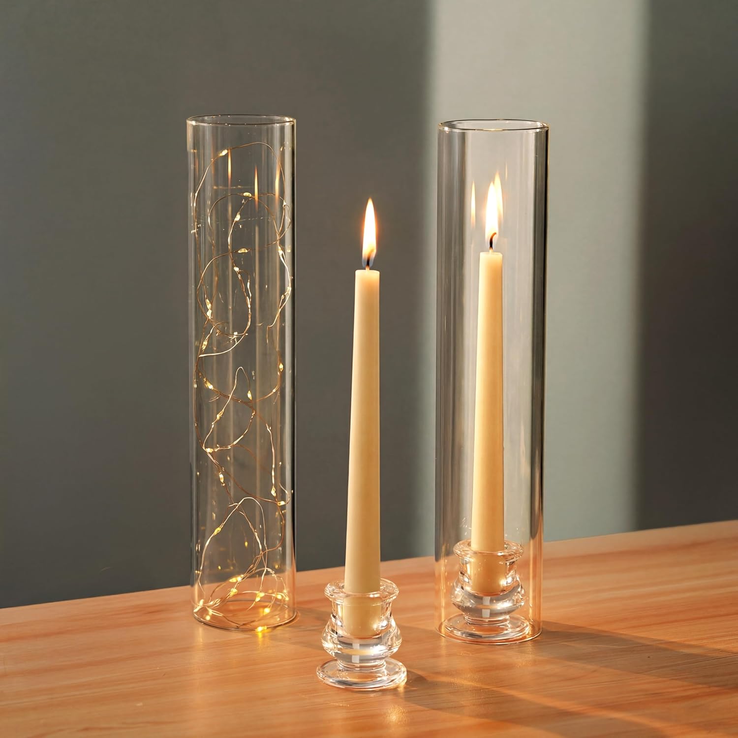NUPTIO Candle Stick Candle Holder: Set of 6 Glass Hurricane Taper Candleholder - Bulk Candlestick Stand with Tall Cylinder Chimney for Thanksgiving Christmas Holiday Table Decoration