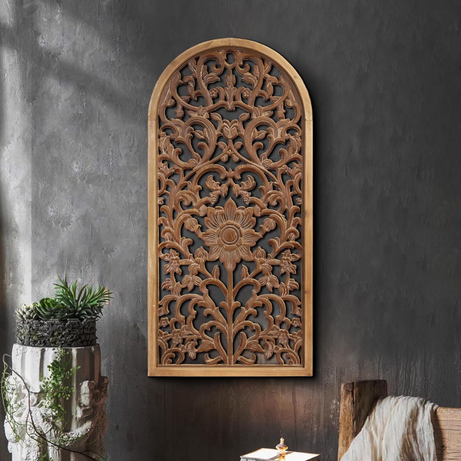 WREVERW Rustic Boho Arched Wood Wall Art, Hand-Carved Floral Panel with Distressed White Finish, Vintage Farmhouse Decorative Hanging Sculpture for Living Room Bedroom Hallway, 15" x 31"