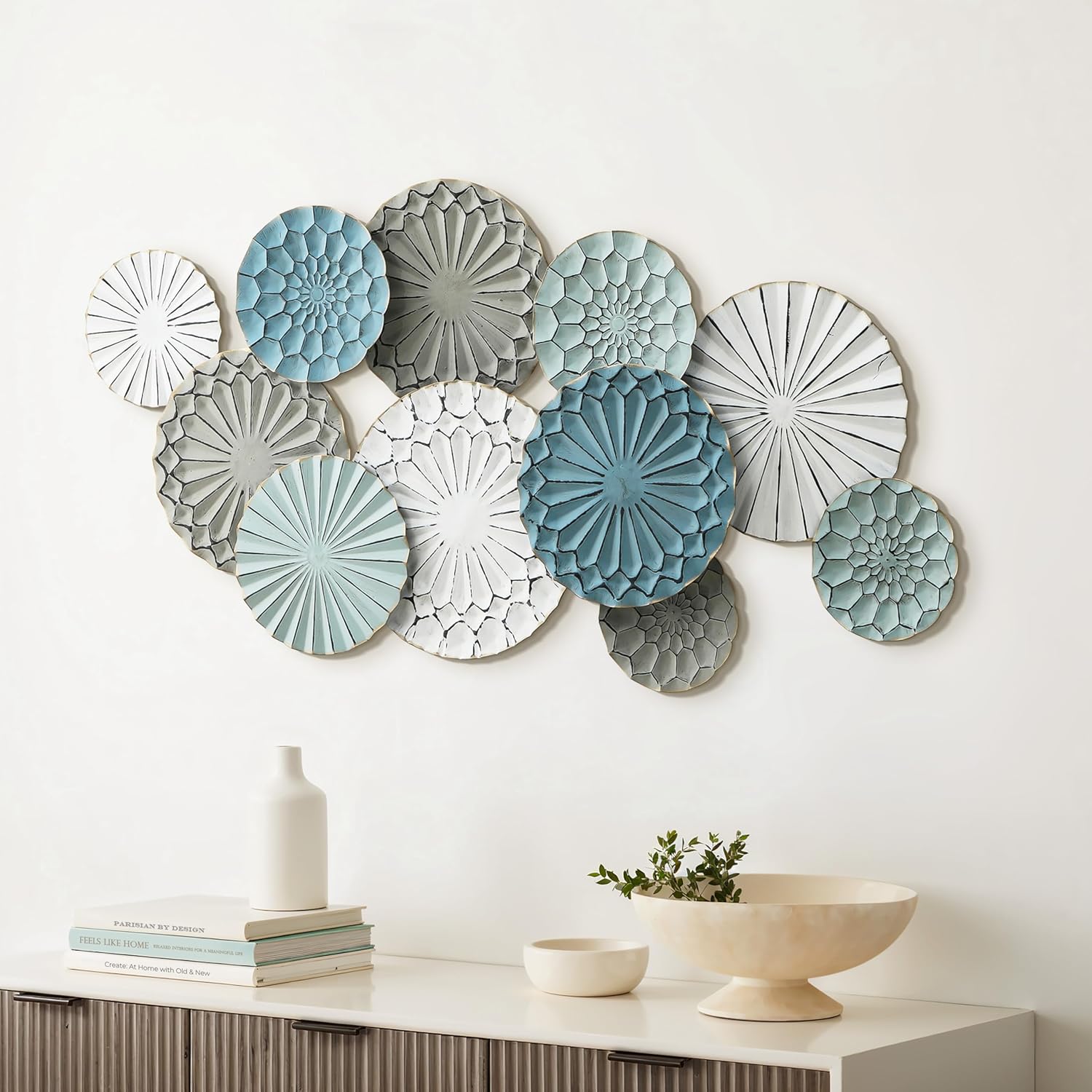 LuxenHome 43.3-Inch Large Metal Wall Decor, Abstract Metal Wall Art Hanging Sculptures Bedroom Decoration, Modern Multi-Color Ripple Plates Artwork Accent for Living Room Home Office Kitchen