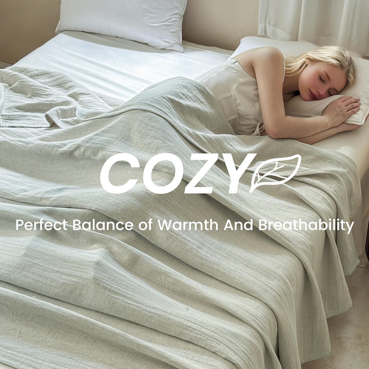 Simple&Opulence Linen Cotton Blanket with Double Layered Folded Edge for Couch/Bed/Sofa/Gift, Natural Flax Solid Color Soft Breathable Cozy Farmhouse Home Décor - Linen, 104"x90"