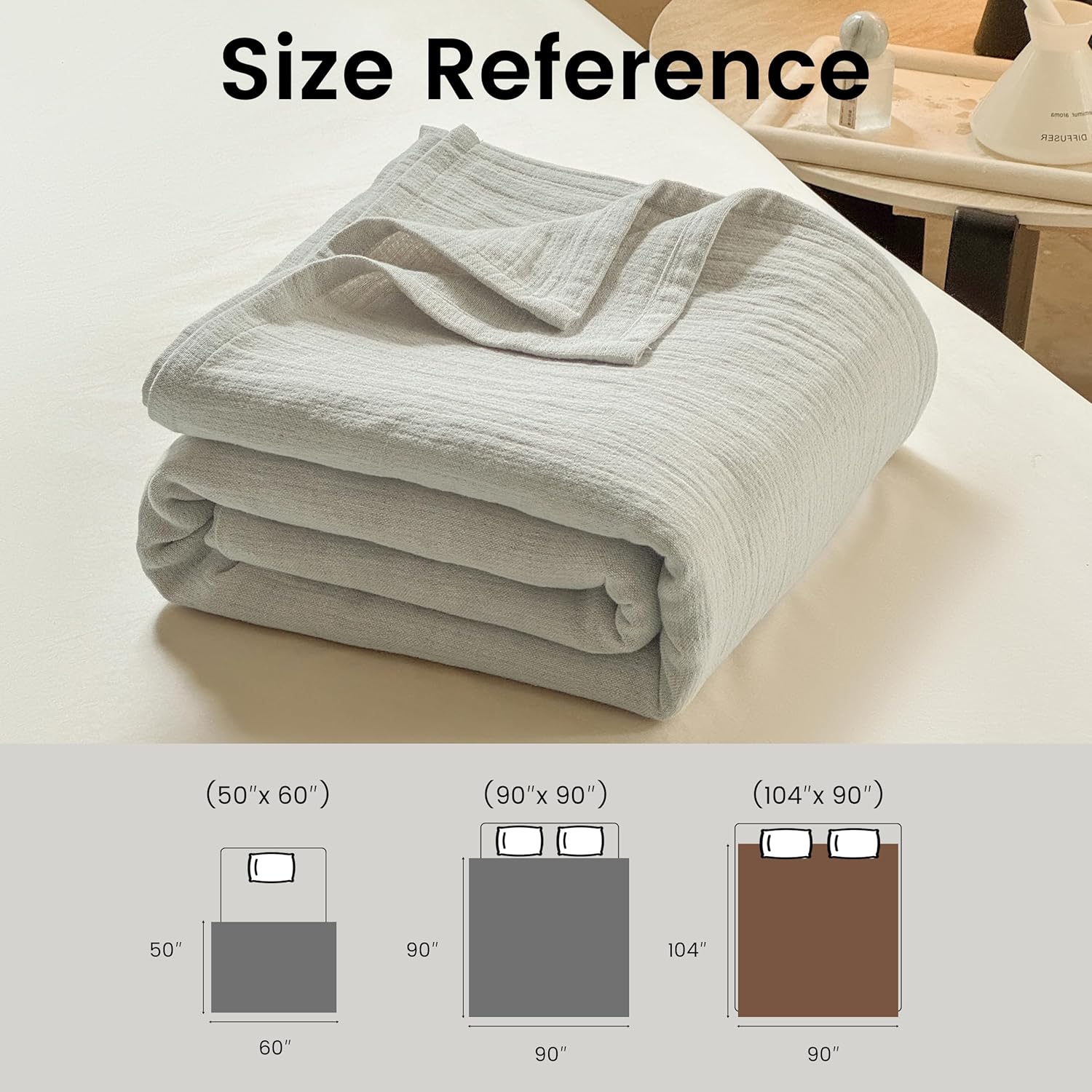 Simple&Opulence Linen Cotton Blanket with Double Layered Folded Edge for Couch/Bed/Sofa/Gift, Natural Flax Solid Color Soft Breathable Cozy Farmhouse Home Décor - Linen, 104"x90"