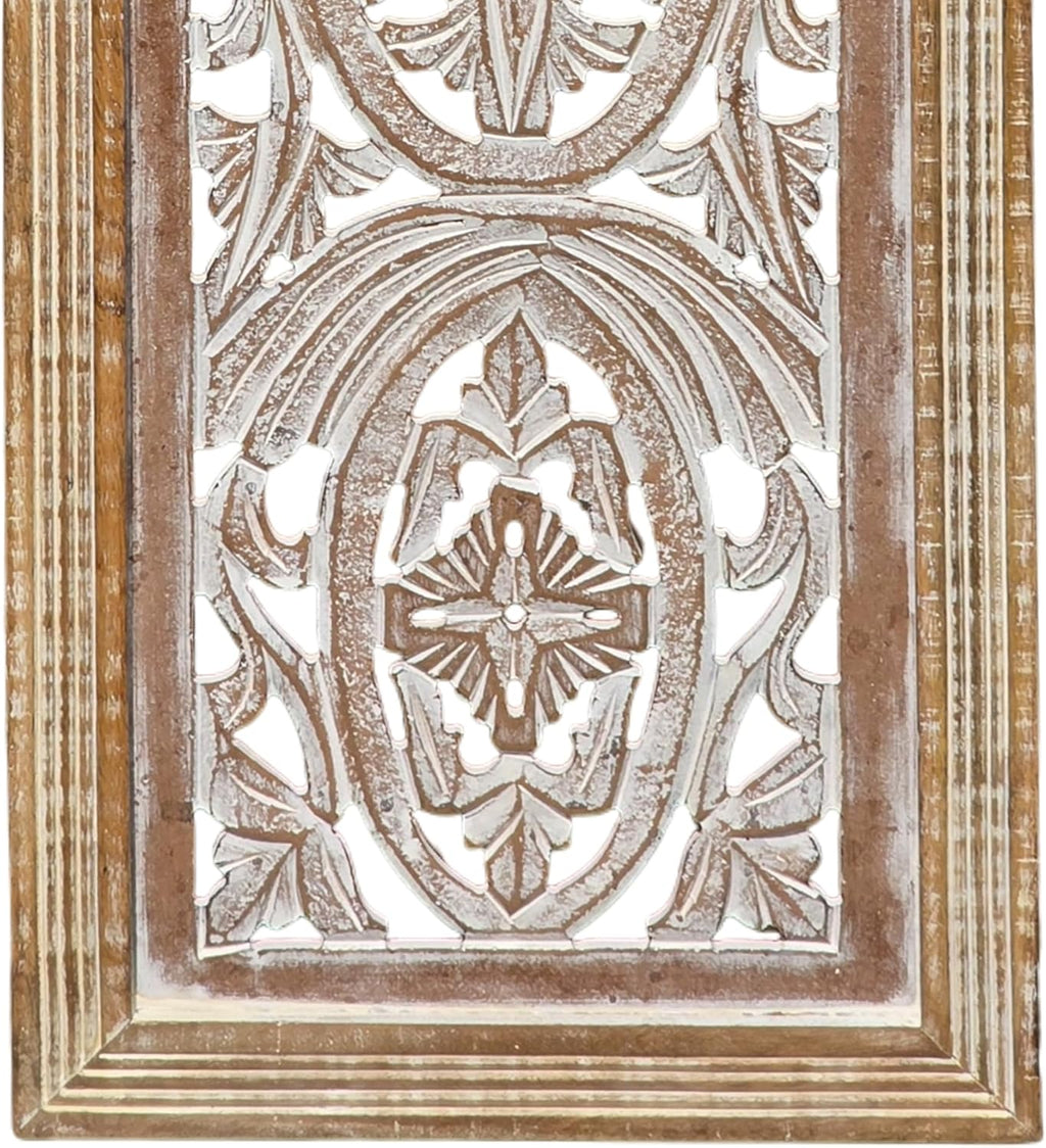 Benzara BM01908 Rectangular Mango Wood Wall Panel Hand Crafted with Intricate Carving, White and Brown