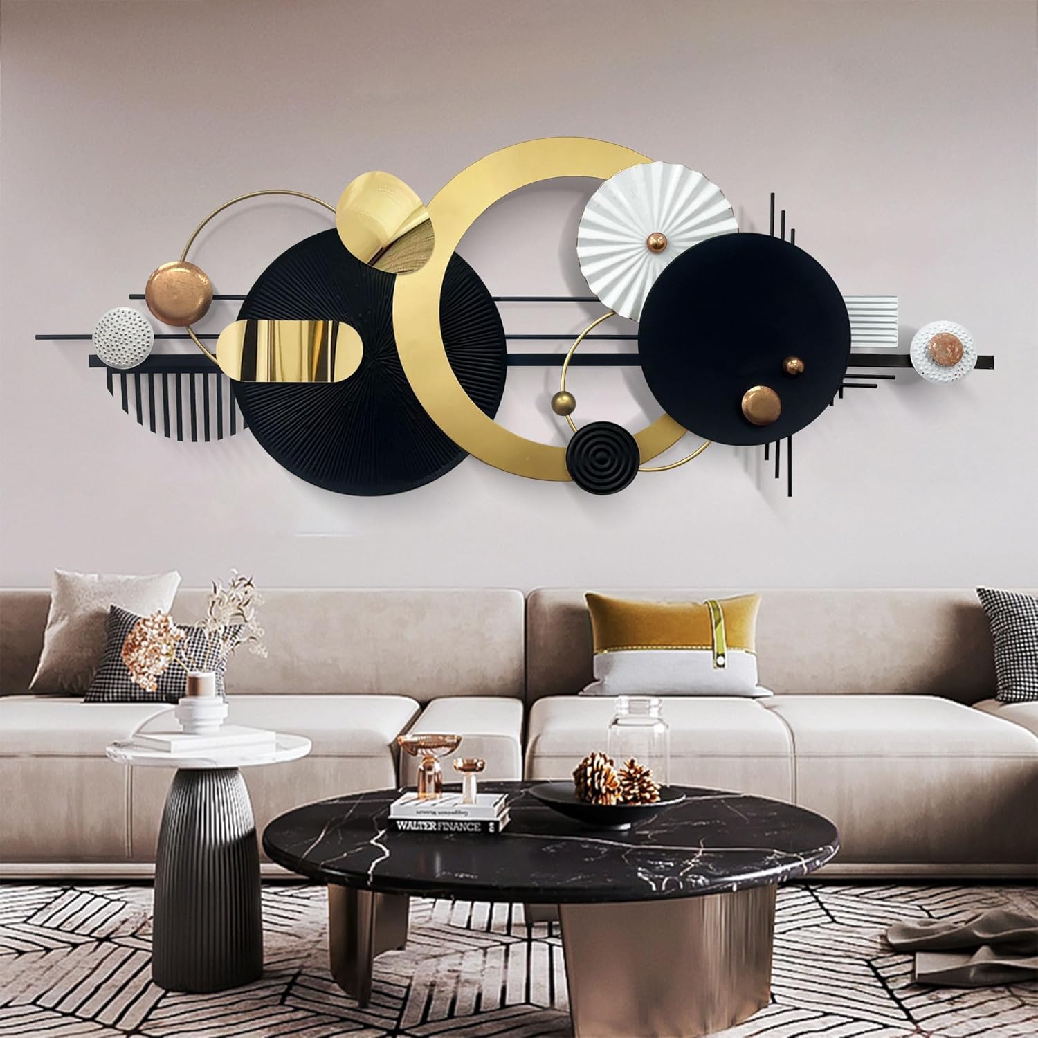Large Modern Abstract Metal Wall Art, Black and Gold Geometric Circles Wall Decoration, Contemporary Home Decor,59 × 24 inches Wall Art for Living Room/Dinning Room/Bedroom/Entryway/Kitchen/Office