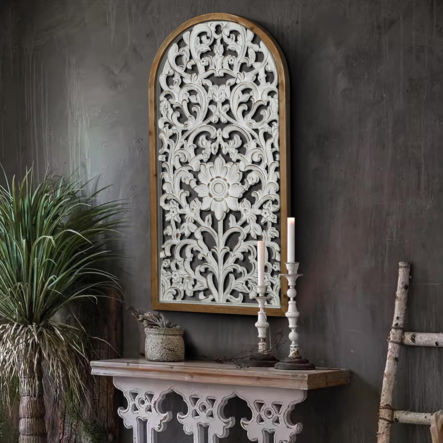 WREVERW Rustic Boho Arched Wood Wall Art, Hand-Carved Floral Panel with Distressed White Finish, Vintage Farmhouse Decorative Hanging Sculpture for Living Room Bedroom Hallway, 15" x 31"