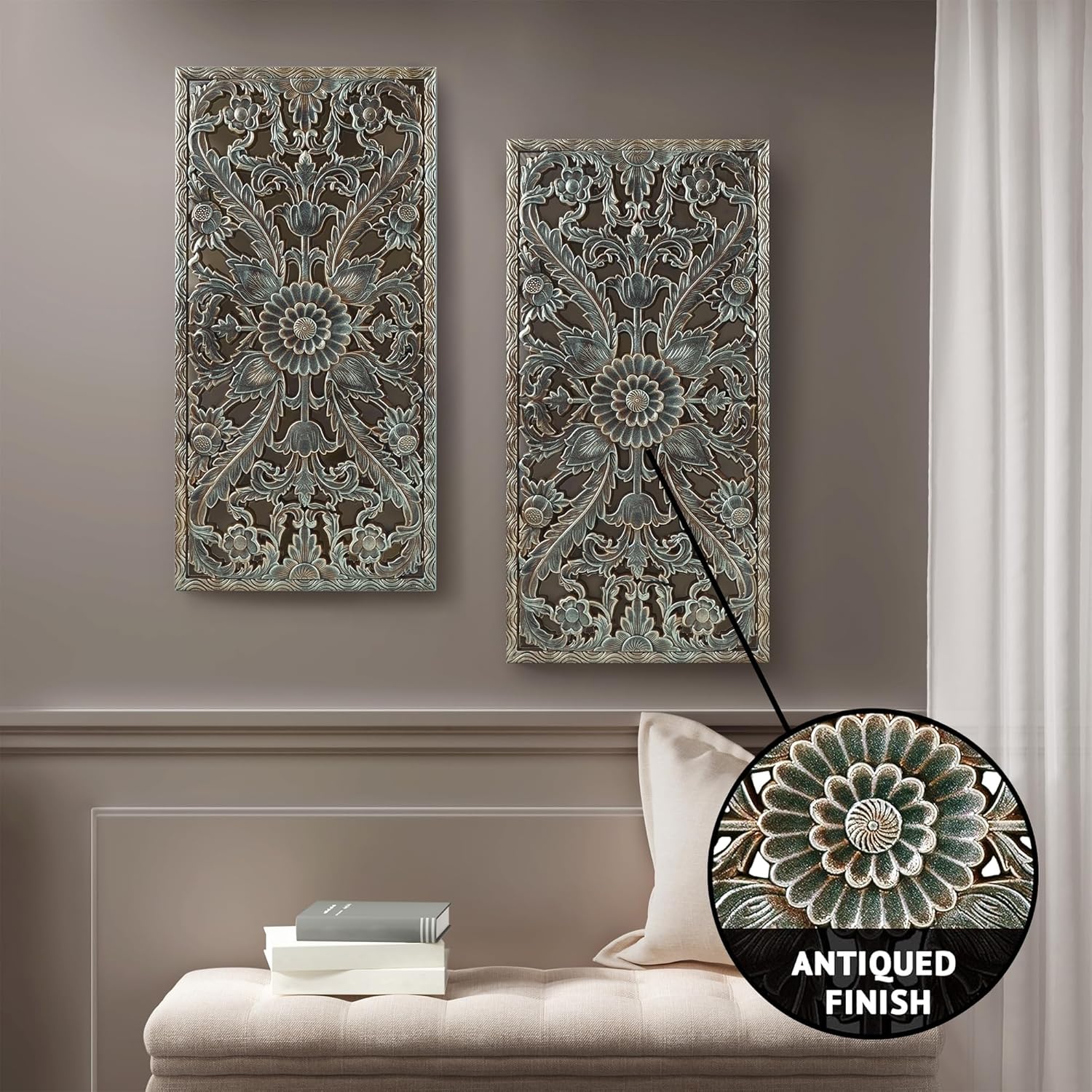 Madison Park Wall Art Living Room Décor - Floral Antiqued Wooden Carving Wall Decor Panel, Copper Embellished, Ready to Hang Wall Decor for Bedroom, 15.75"W x 31.5"L x 0.59"D, Patina Blue, 2 Piece