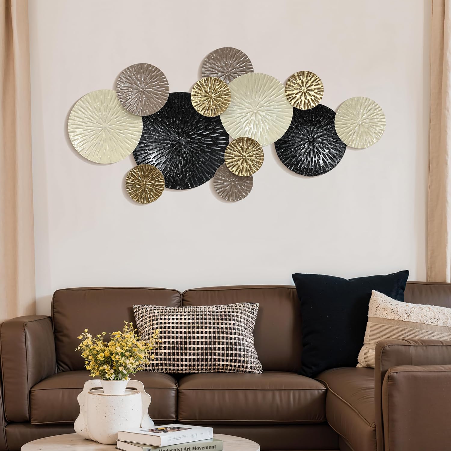 LuxenHome 43.3-Inch Large Metal Wall Decor, Abstract Metal Wall Art Hanging Sculptures Bedroom Decoration, Modern Multi-Color Ripple Plates Artwork Accent for Living Room Home Office Kitchen