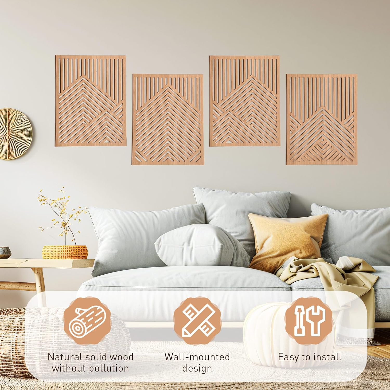 Wesiti 4 Pcs Wooden Mountain Wall Art Decor Large Abstract Wall Art for Living Room Modern Wood Panel Line Sculptures Nature Rustic Forest Hanging Decor for Office Bedroom Bathroom 15.7 x 12.2''