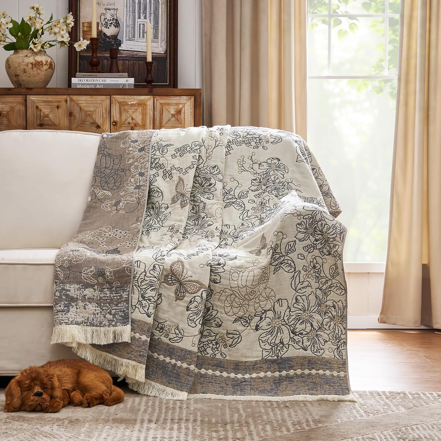 JINCHAN Boho Floral 100% Cotton Blanket 4-Layer Throw Blanket with Tassel Taupe and White Flower Butterfly Soft Luxury Rustic Farmhouse Decor Blanket for Couch Bed 60x80 inch All Season gift for women