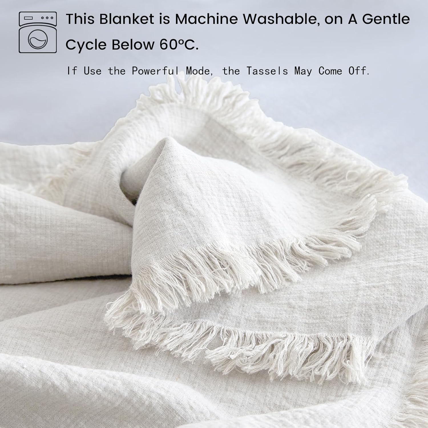 Simple&Opulence 100% Linen Throw Blanket 55x75 inches, Farmhouse Boho Tassel Blanket for Couch, Bed, Sofa, Breathable Natural Cozy Décor, White ﻿