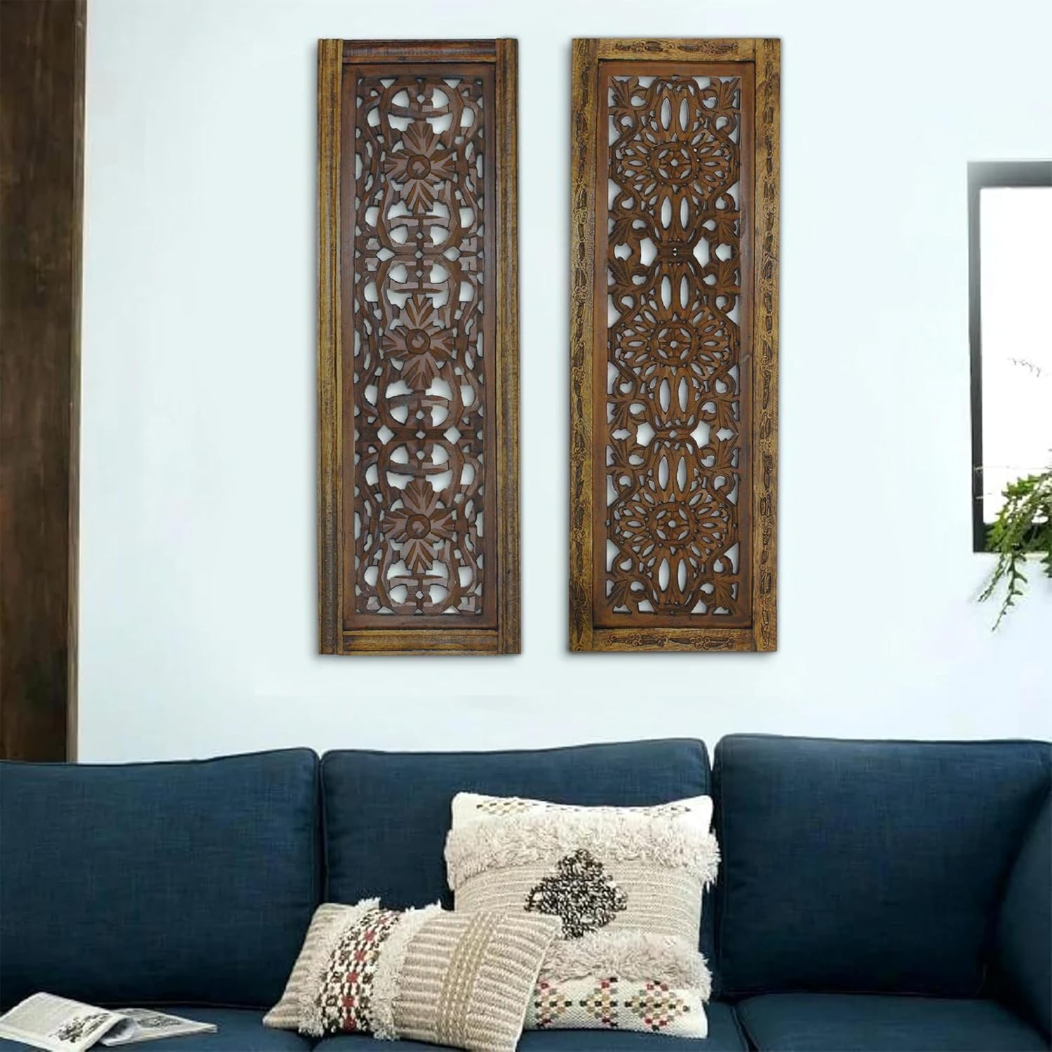 TUP The Urban Port Floral Hand Carved Wooden Wall Panels, Assortment of Two, Rustic Brown