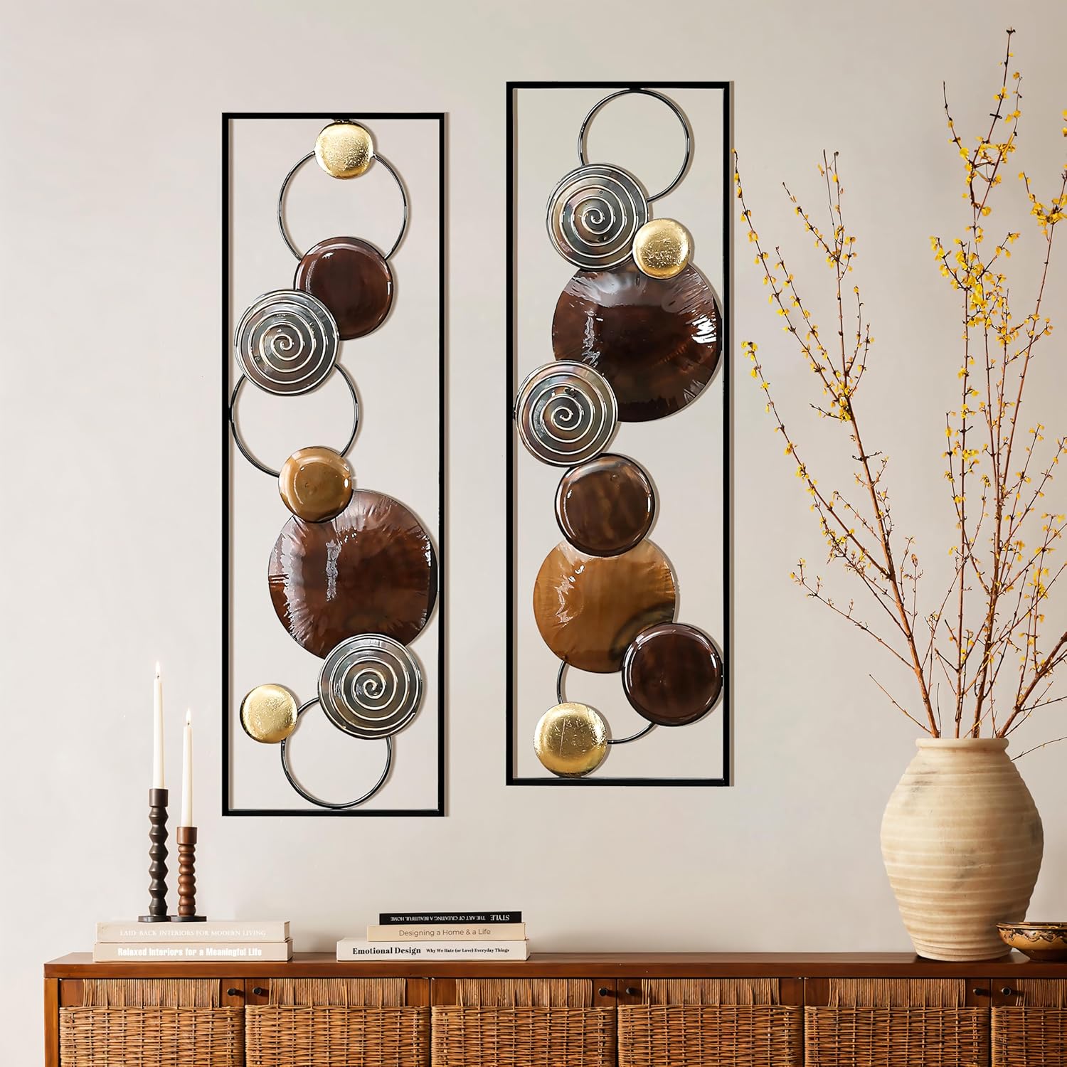 LuxenHome Metal Wall Art, 2 Pieces Abstract Wall Décor Brown Metal Wall Decor, 36" x 12" Minimalist Wall Sculptures Decor for Home, Living Room, Bedroom, Dining Room