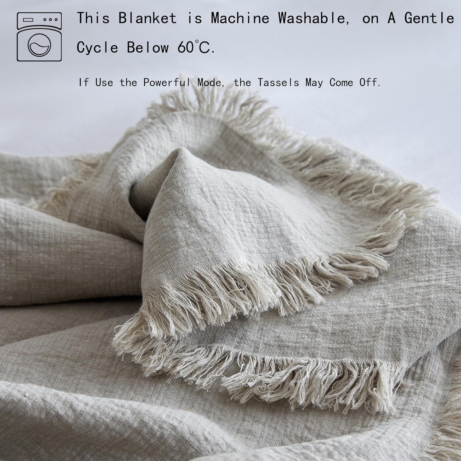 Simple&Opulence 100% Linen Throw Blanket 55x75 inches, Farmhouse Boho Tassel Blanket for Couch, Bed, Sofa, Breathable Natural Cozy Décor, Linen