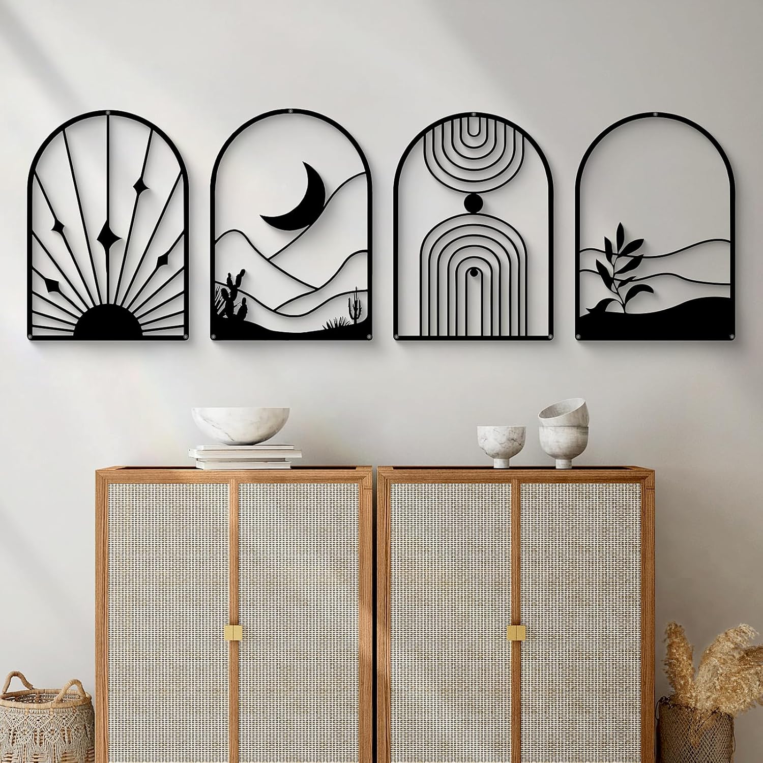 Glamativity Large 4 Pack Black Abstract Metal Wall Art, Minimalist Décor Single Line Art Wall Décor, 3D Textured Metal Wall Sculptures, for Living Room Bedroom Bathroom Study Room (Black, L Size 22.5